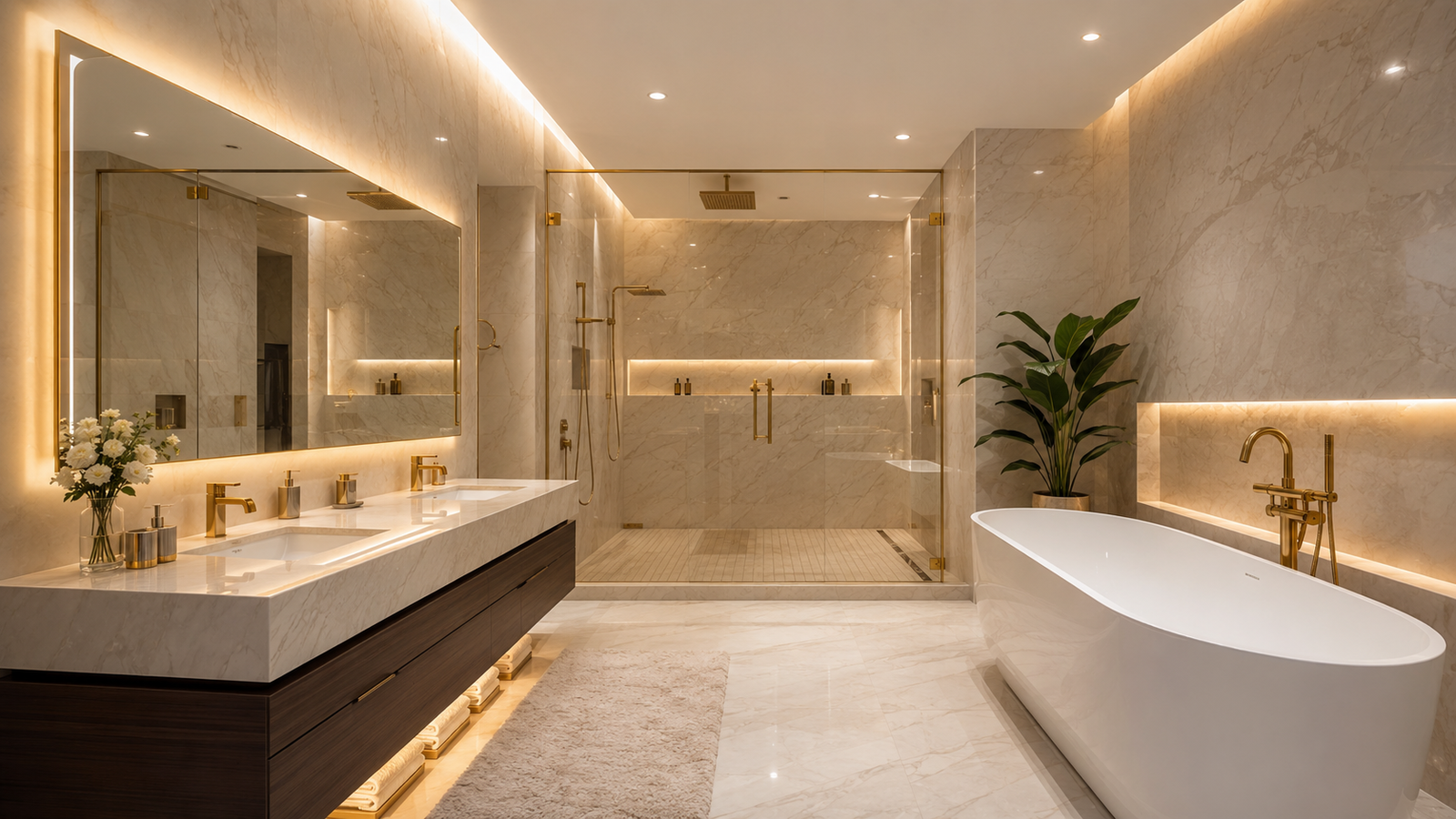 Luxury villa bathroom renovation in Dubai with walk-in shower, freestanding bathtub, double vanity and marble tiles by Renovate UAE