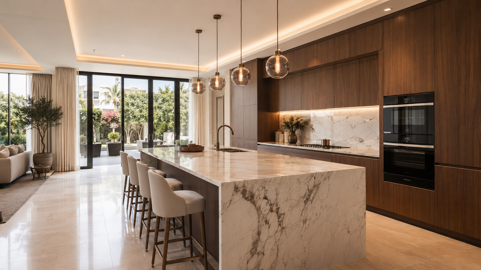 Luxury villa kitchen renovation in Dubai with marble island, wood cabinets and built-in appliances by Renovate UAE