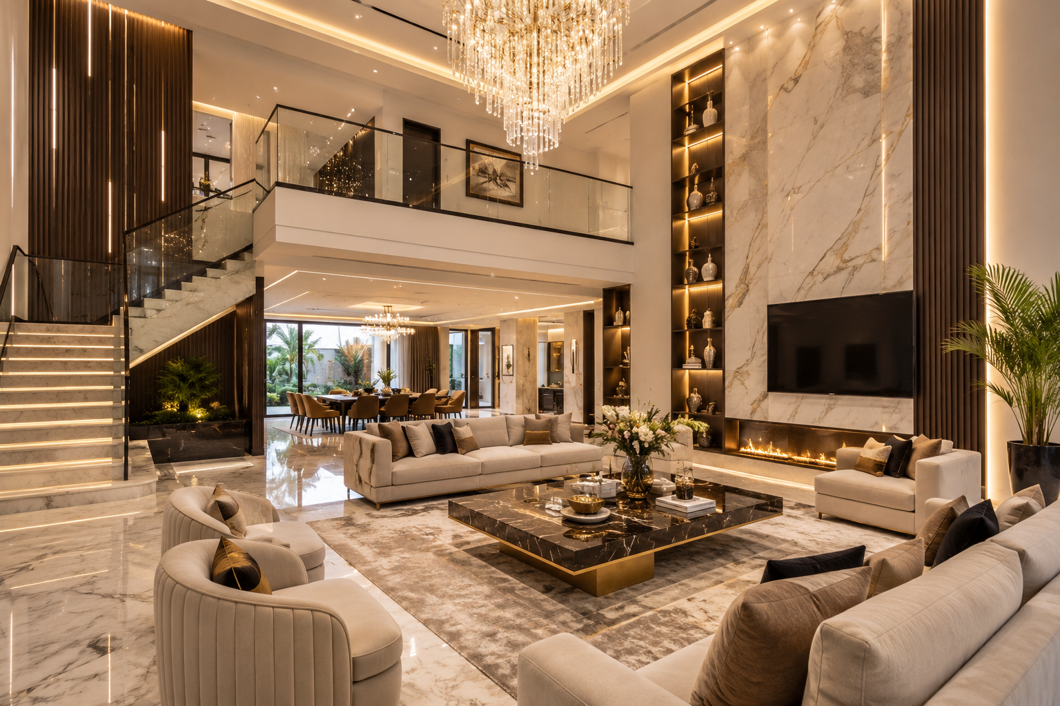 Luxury villa interior upgrade with marble flooring and chandelier in Dubai