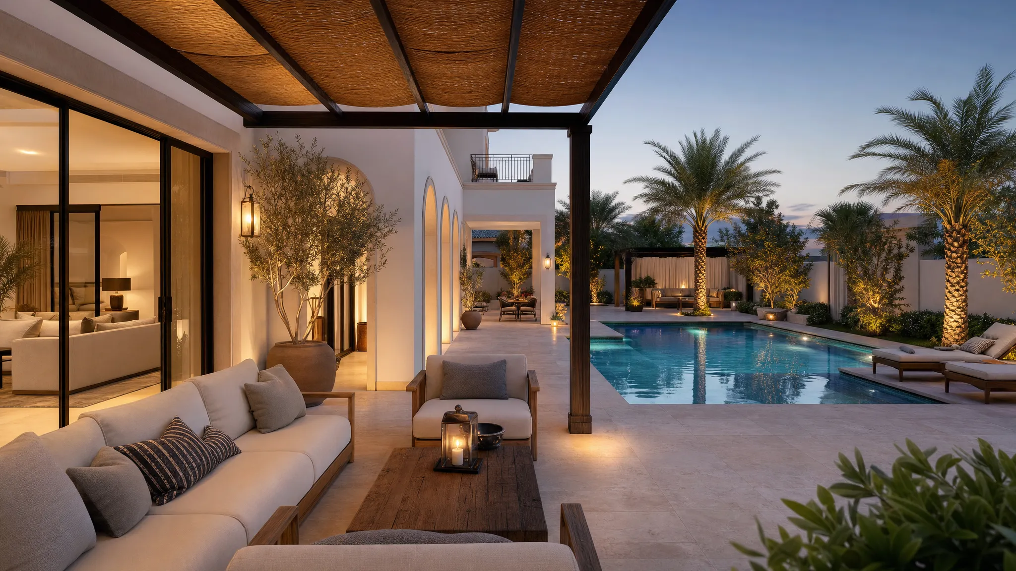 Wide outdoor view of a renovated luxury villa terrace in the UAE with shaded seating, a swimming pool, landscape lighting at evening, stone flooring, and large sliding glass doors opening from the living room to the garden.