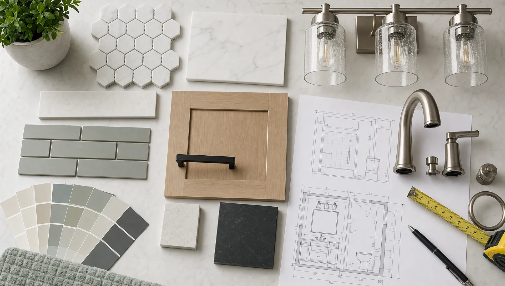 A bathroom renovation planning setup with tile samples, a vanity finish board, brushed metal fixtures, plumbing drawings, and a measuring tape arranged on a clean work surface, viewed from overhead with the items spread in an orderly layout.