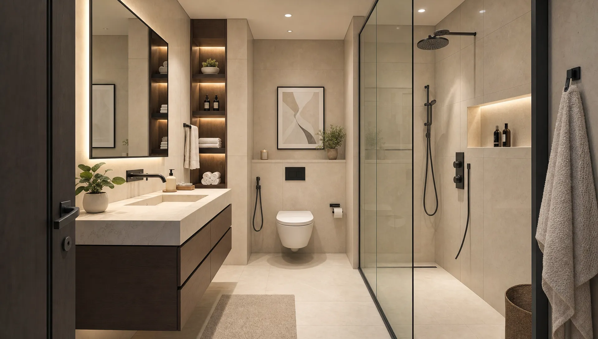 A bright renovated Dubai bathroom with a walk-in glass shower, large-format neutral tiles, a floating vanity, warm mirror lighting, and neatly organized storage, shown from the doorway with the vanity and shower on opposite sides.