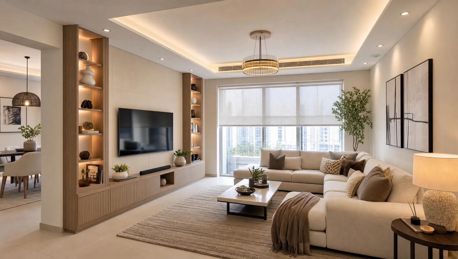 A bright renovated UAE living area with layered lighting, built-in storage, light neutral finishes, comfortable seating, and large shaded windows that make the room feel calm and organized.