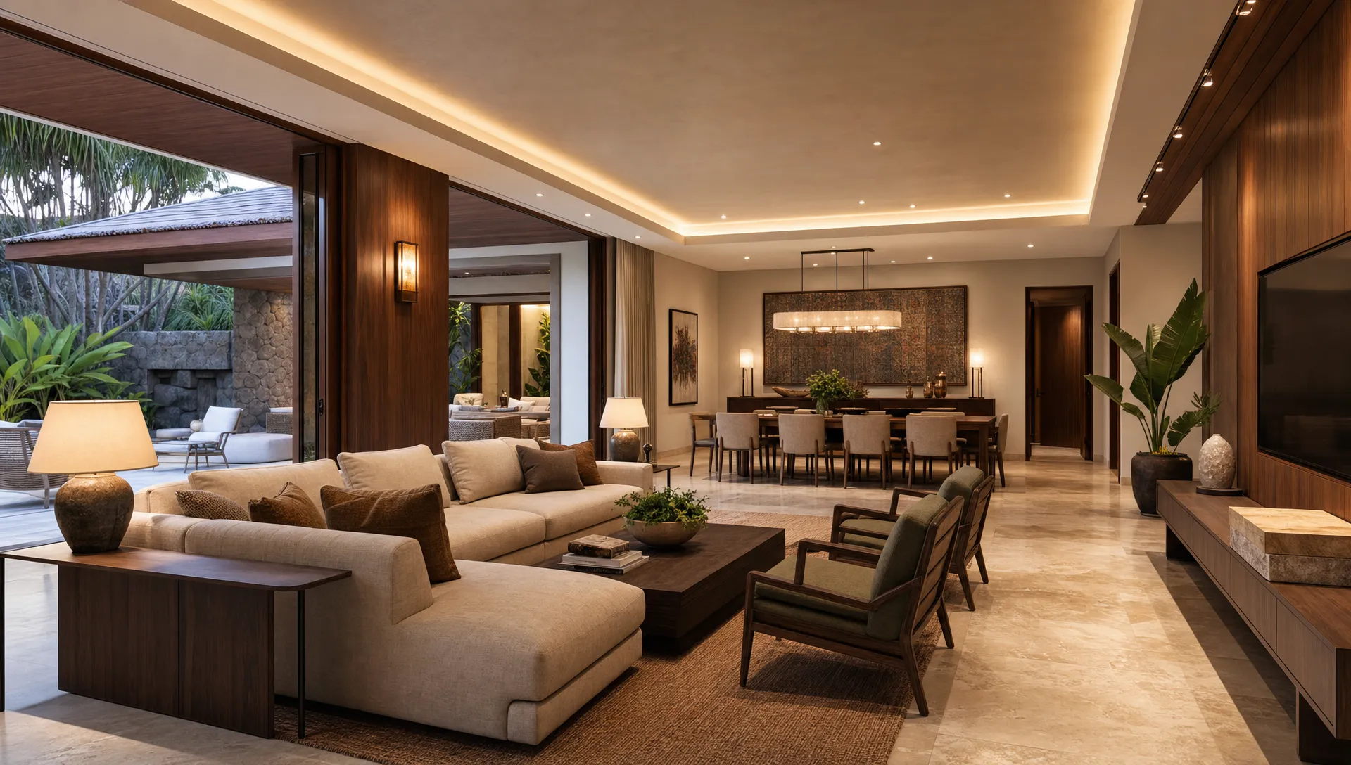 A calm luxury villa living and dining area with natural stone flooring, walnut wall panels, layered lighting, and an open connection between the seating and dining zones.