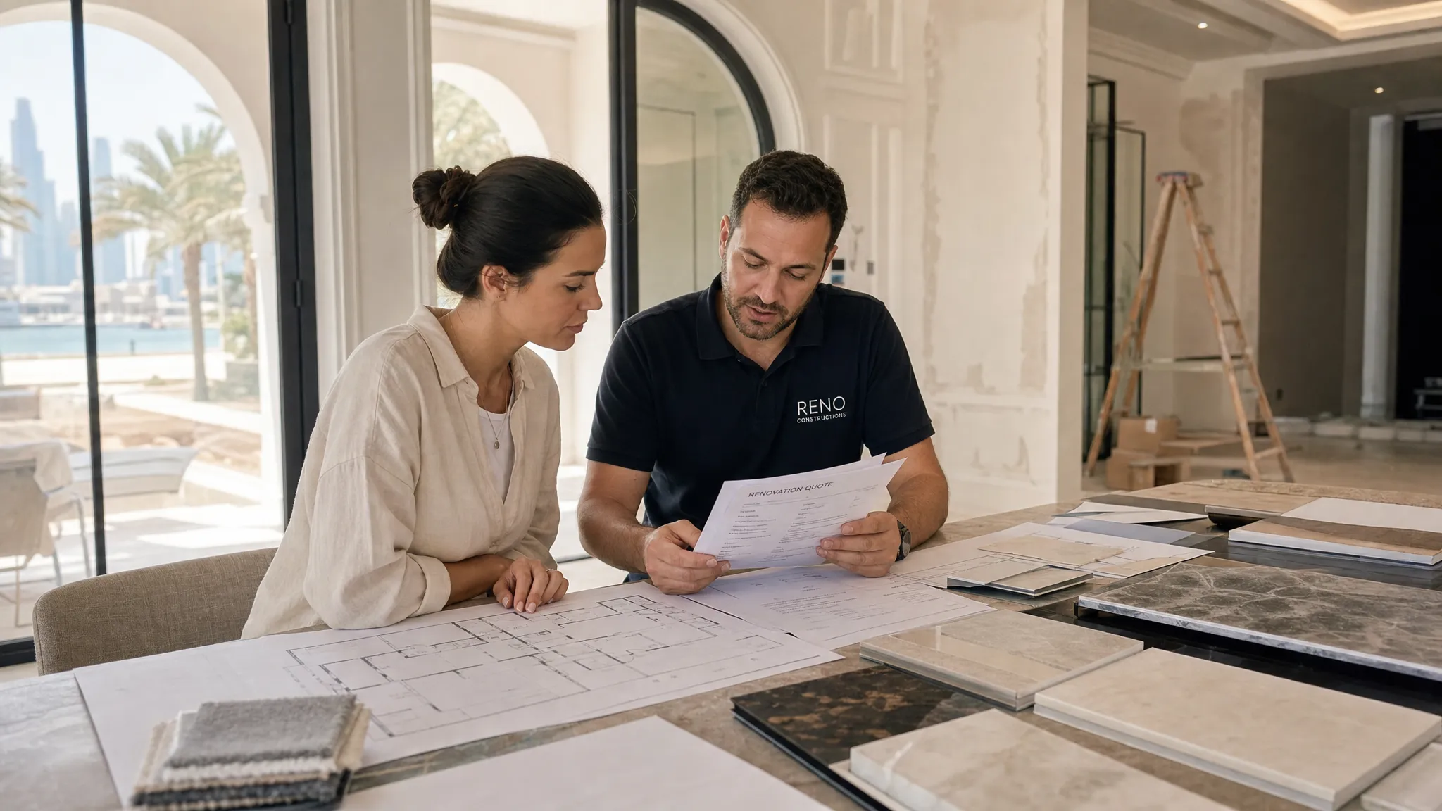 A homeowner and renovation contractor reviewing printed renovation quotes, material samples, and floor plans on a table inside a Dubai villa under renovation.