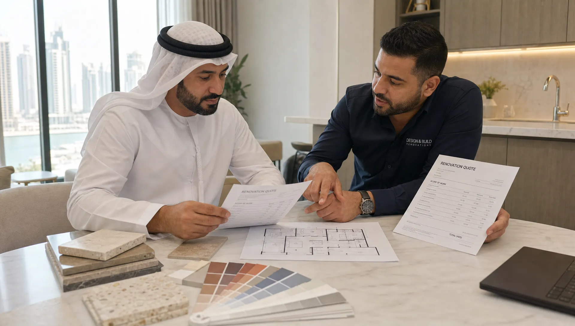 A homeowner in the UAE reviewing printed renovation quotes, material samples, tile pieces, paint swatches, and a floor plan on a table during a meeting with a remodeling professional.