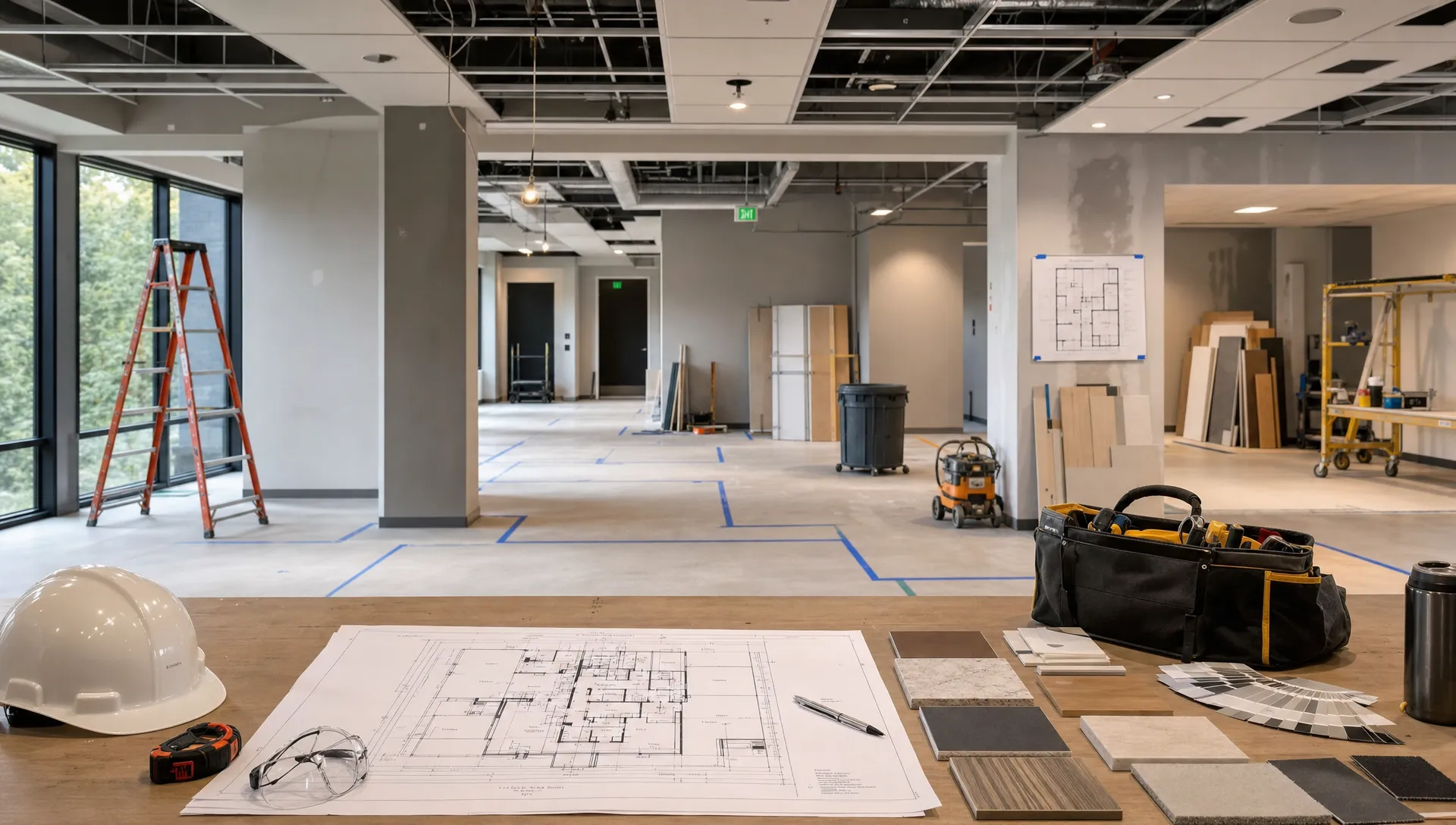A modern commercial interior renovation in progress with marked floor zones, organized tools, ceiling service points, material samples, and a clear layout plan visible on a worktable.