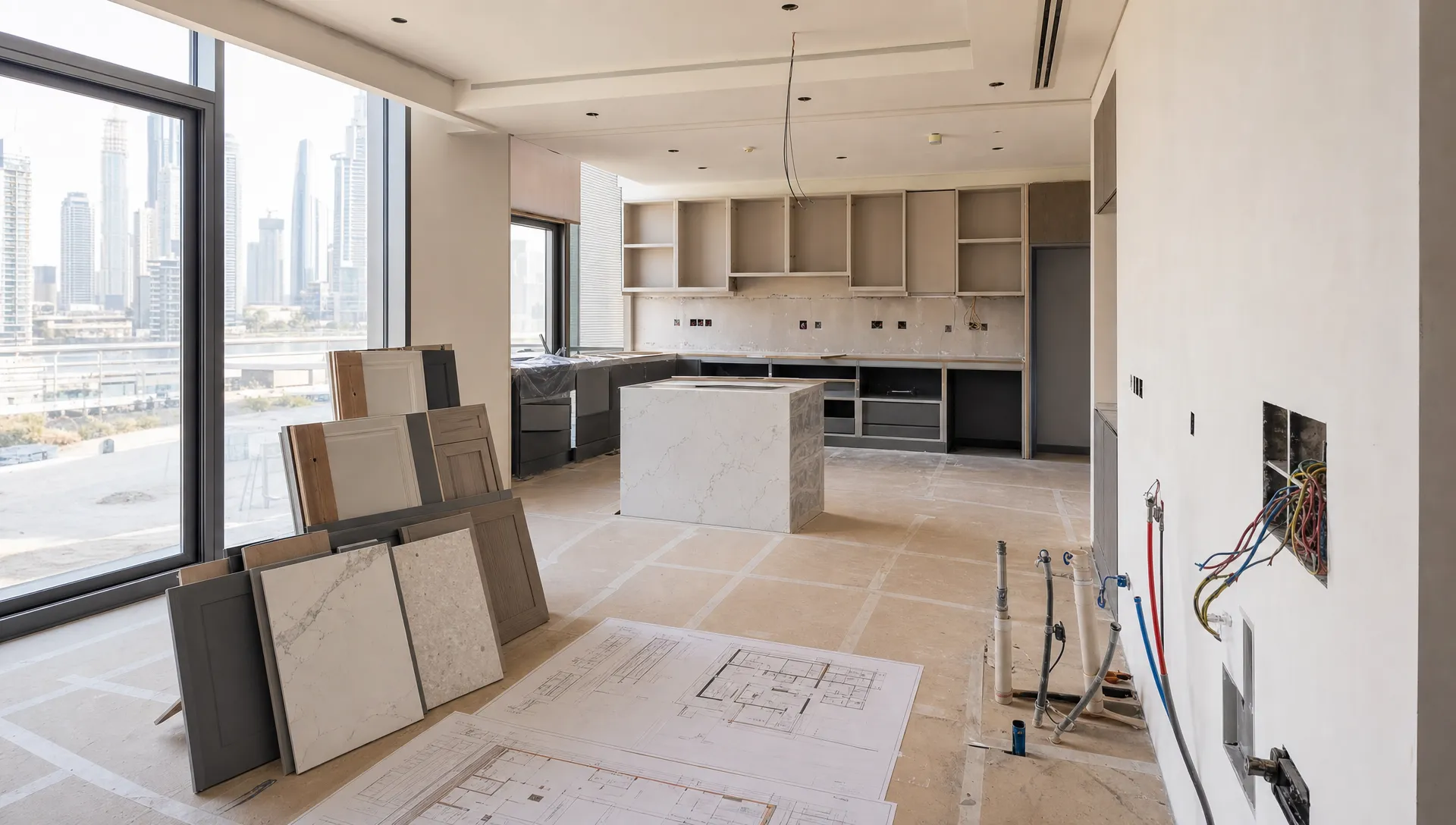 A modern Dubai kitchen being prepared for renovation, with covered flooring, cabinet material samples, countertop slabs, lighting plans, and visible plumbing and electrical points ready for inspection, seen from the back corner at eye level with the work zone spread across the room.