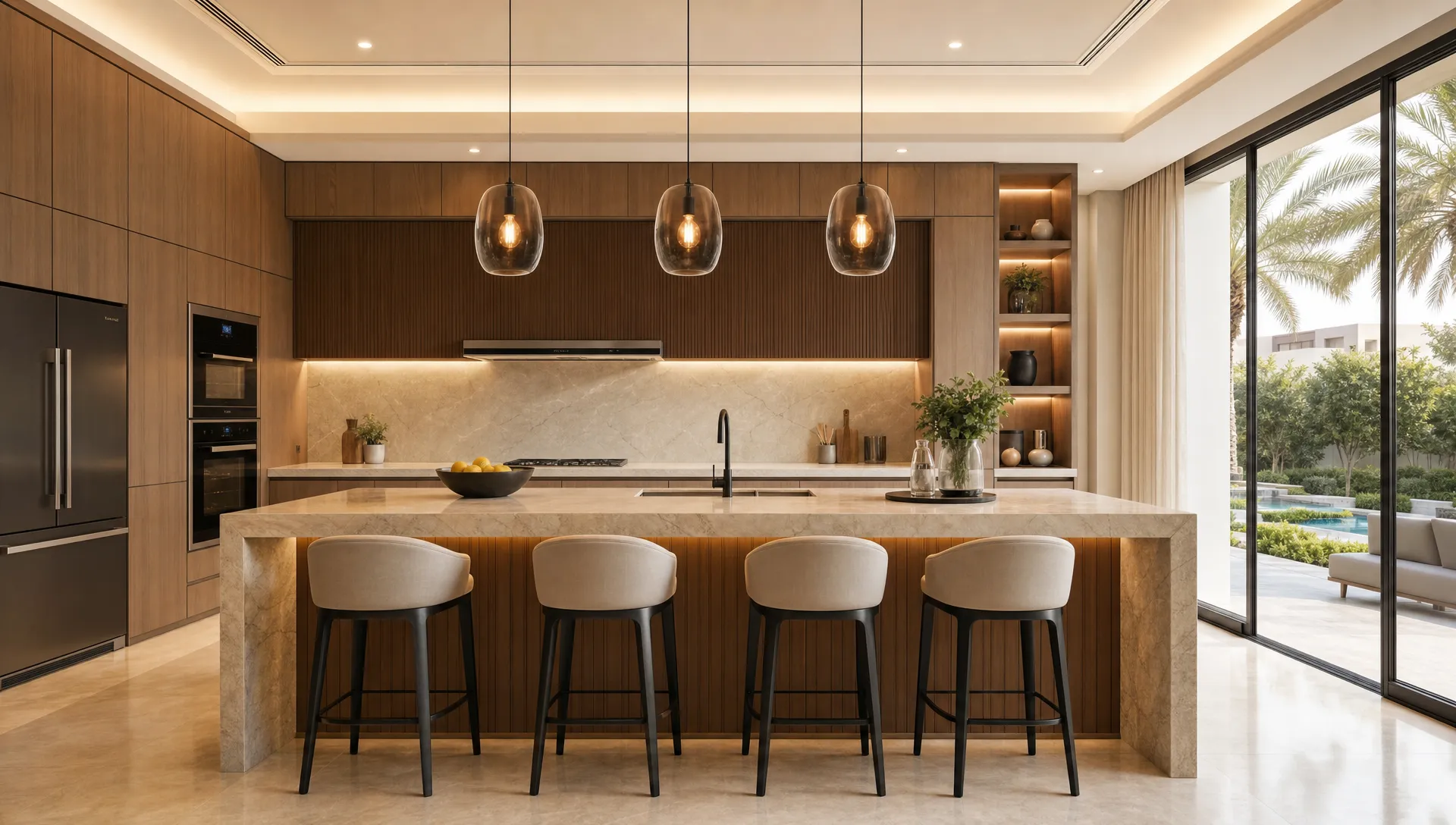 A modern Dubai villa kitchen with warm wood cabinets, a stone island, pendant lights, built-in appliances, and large windows overlooking a landscaped outdoor area.