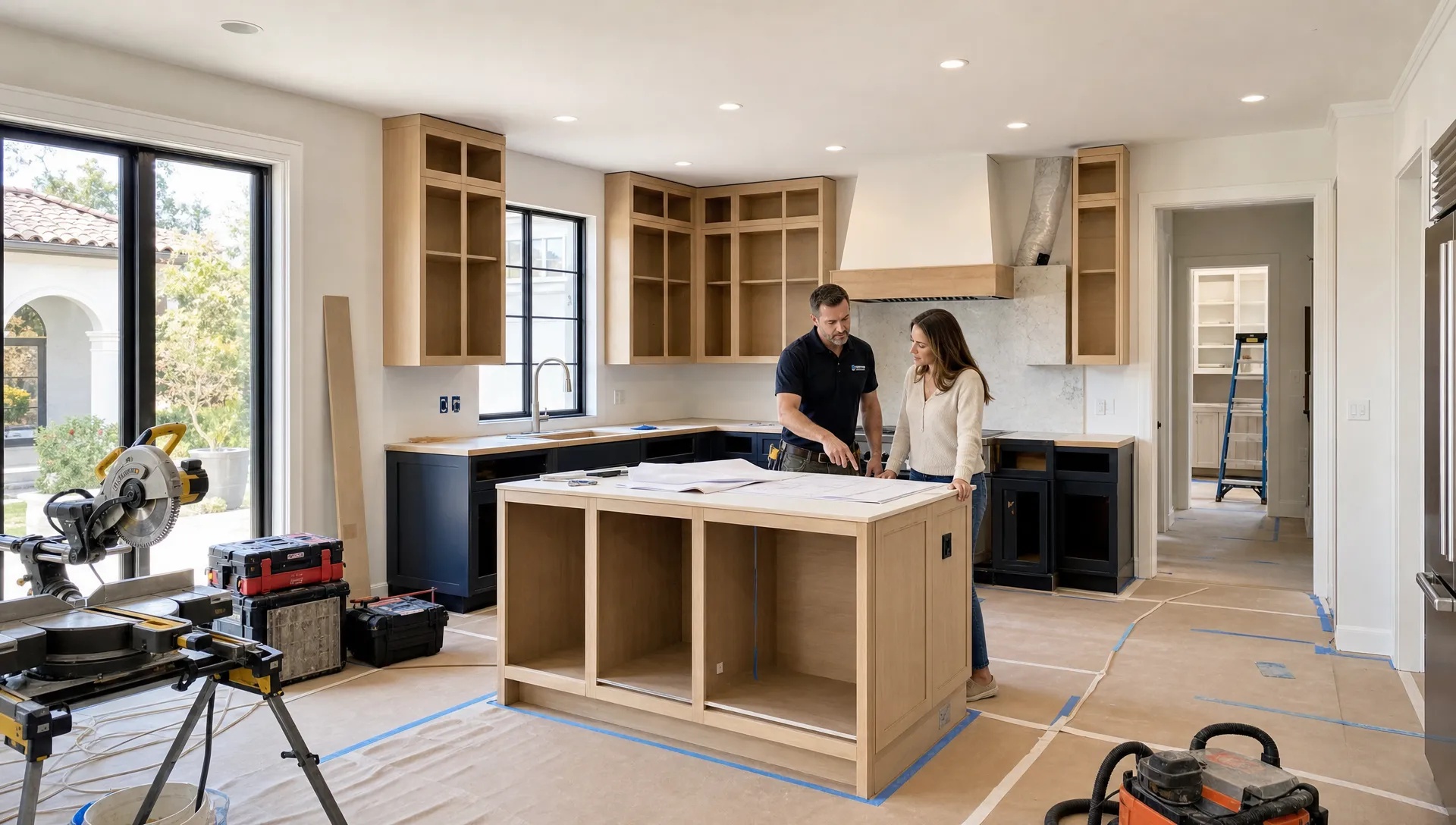 A modern kitchen renovation in progress with covered flooring, organized tools, cabinet frames being installed, and a site supervisor reviewing measurements with a homeowner in a bright villa kitchen.