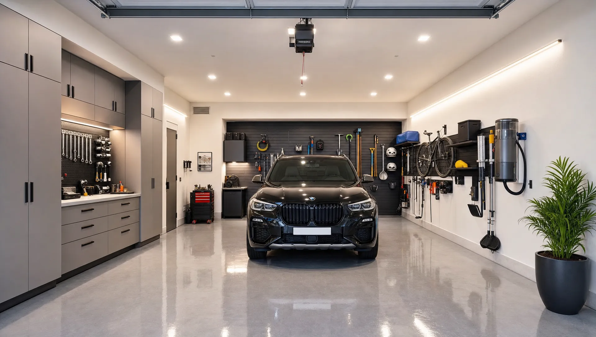 A modern remodeled villa garage in Dubai with a smooth epoxy floor, built-in storage cabinets, bright ceiling lights, organized tools, and a clean parking area for one car.