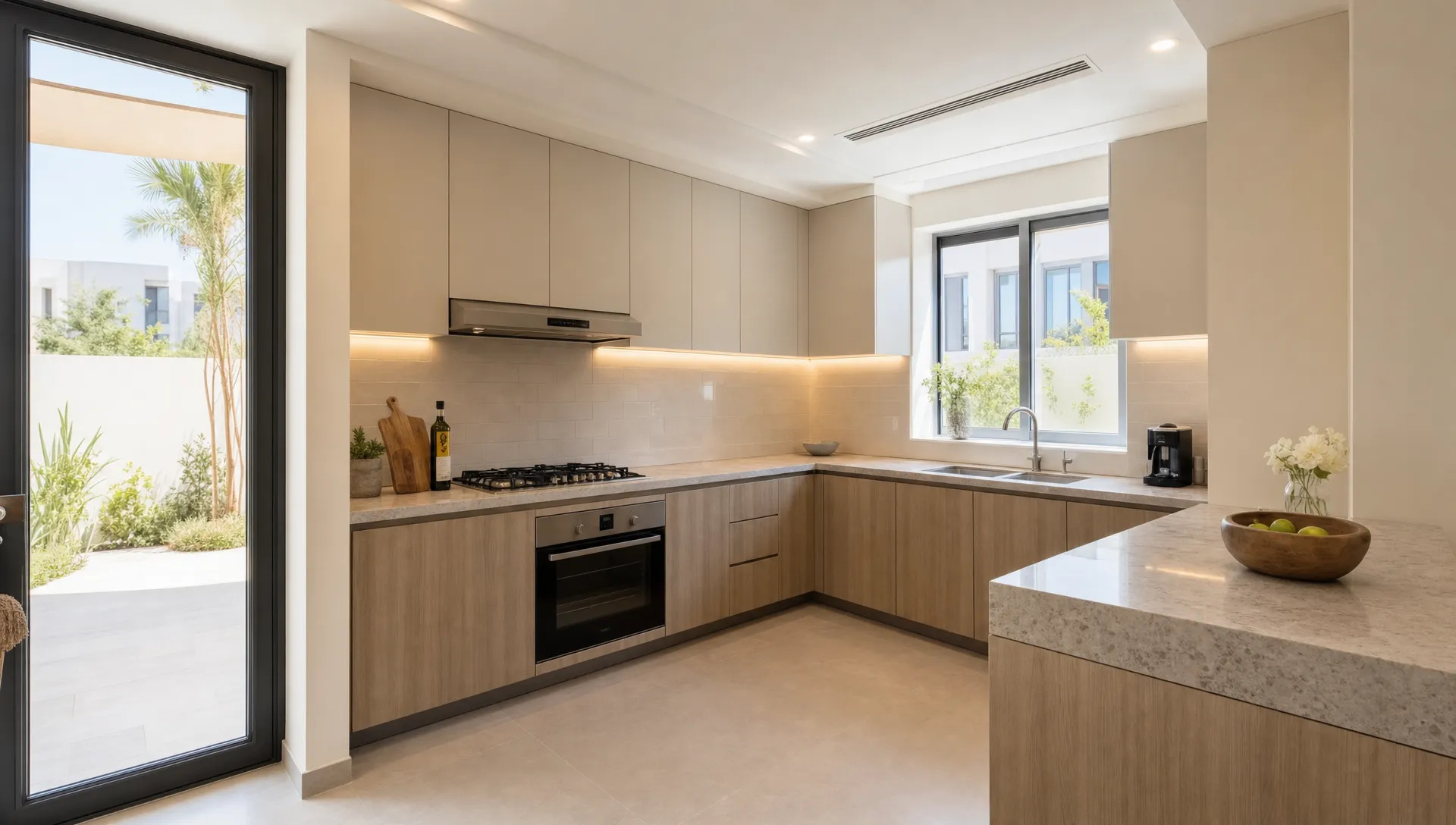 A modern renovated kitchen with warm neutral cabinets, a stone-look countertop, under-cabinet lighting, a simple tile backsplash, and uncluttered counters in a bright UAE home, seen from a slightly wider corner view with daylight coming in from the side.