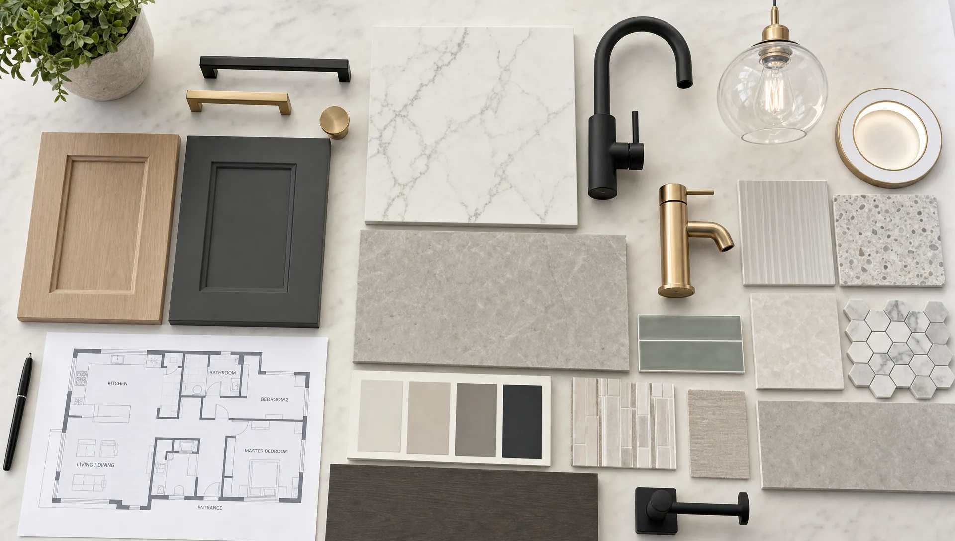 A modern UAE home renovation scene showing coordinated kitchen and bathroom material samples, including cabinet finishes, countertop slabs, bathroom tiles, taps, lighting samples, and a simple floor plan arranged on a worktable, viewed from above on a clean table in a bright studio setting.