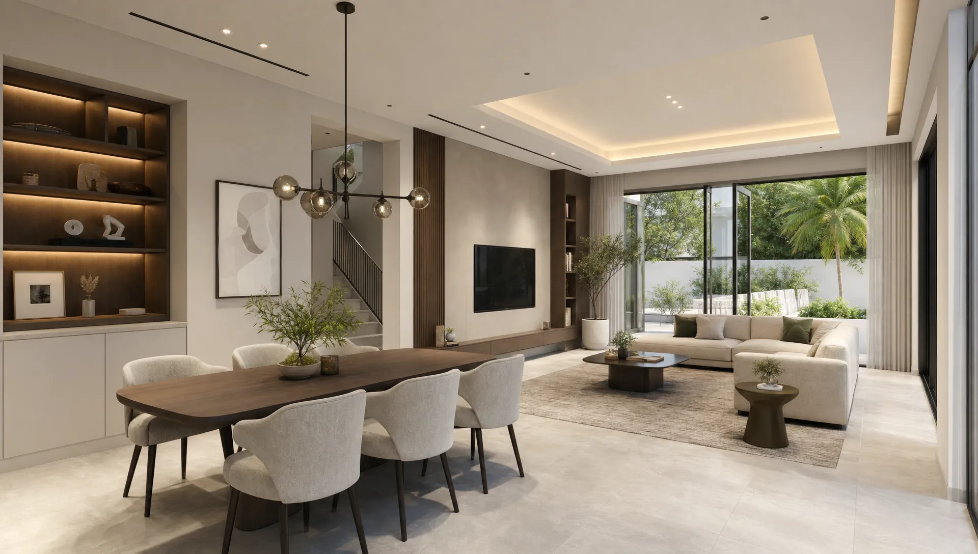 A modern UAE villa interior showing a refreshed open living and dining area with neutral walls, warm layered lighting, practical built-in storage, and durable light flooring that creates a clean premium feel without excessive luxury finishes.