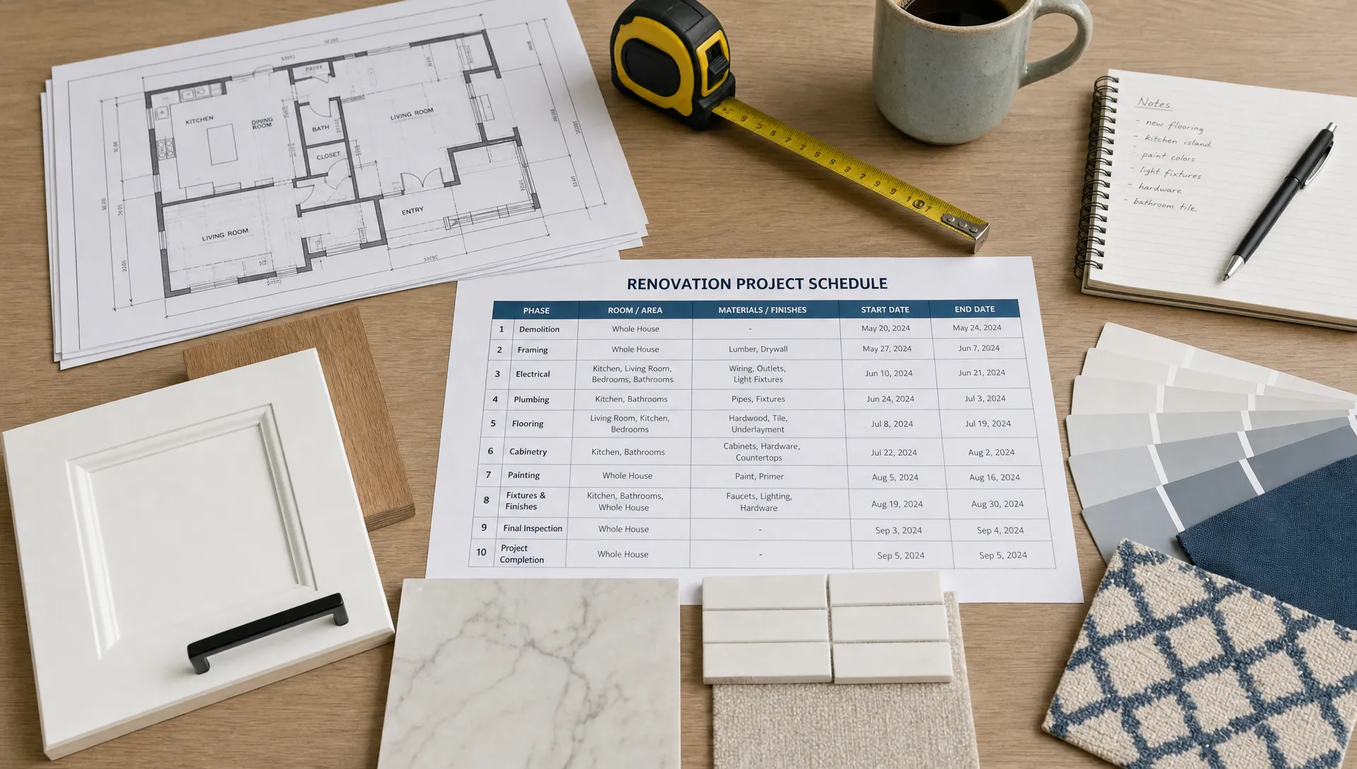 A neatly organized renovation planning table with floor plans, finish samples, measuring tools, and a printed project schedule showing rooms, materials, and timelines.