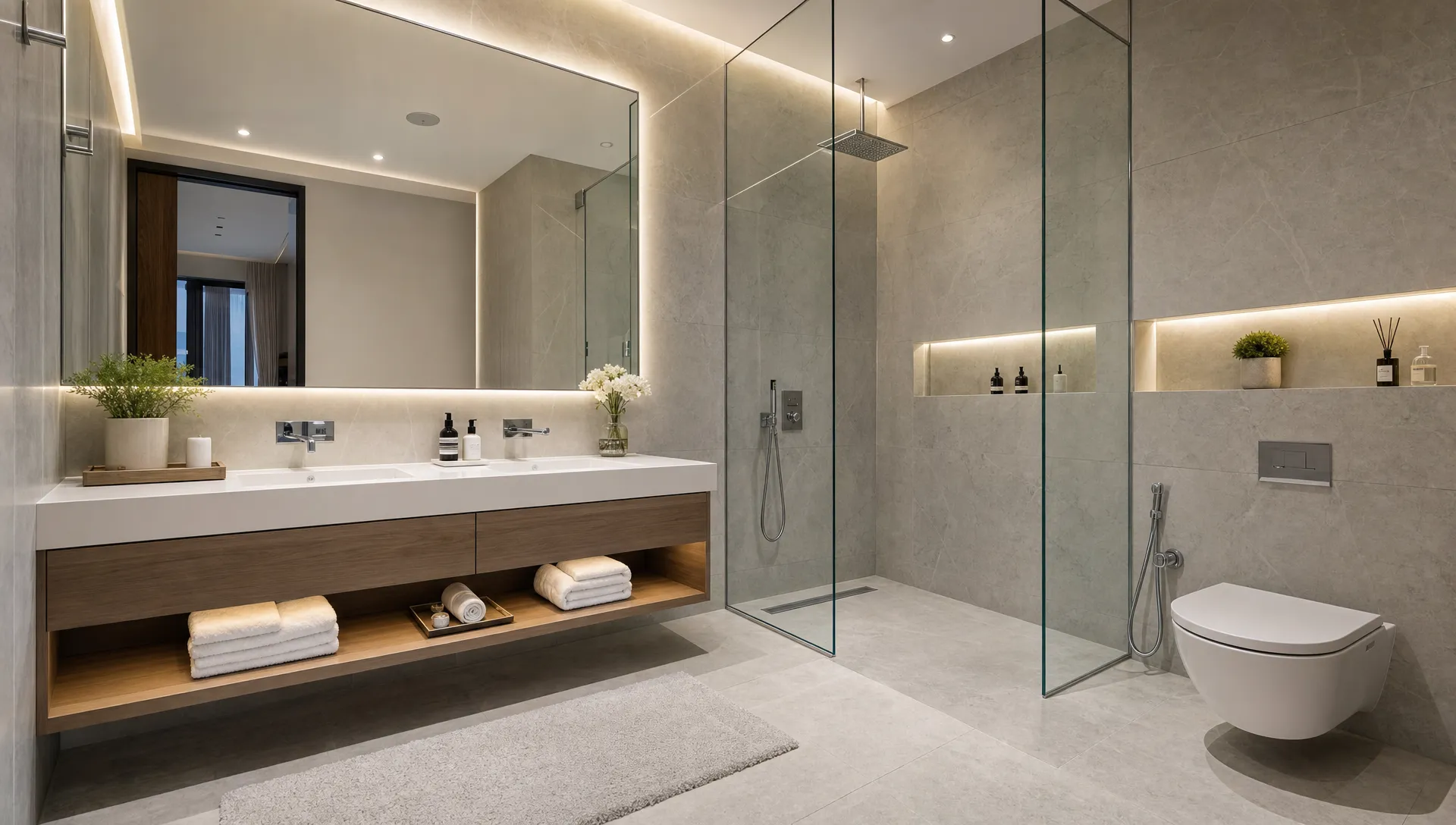 A newly remodeled luxury bathroom with a walk-in glass shower, floating vanity, large-format stone-look tiles, mirror lighting, chrome fixtures, and neatly arranged towels in a modern UAE villa.