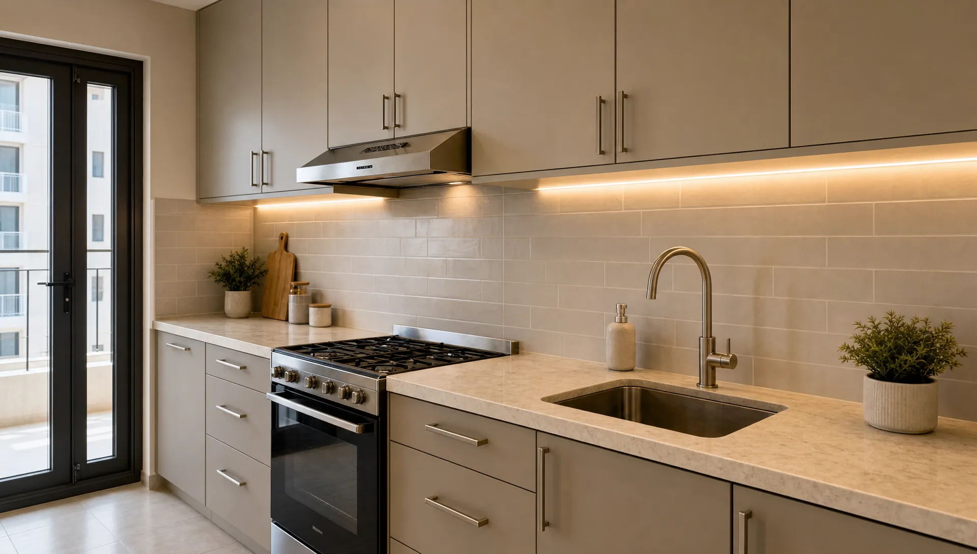 A refreshed UAE apartment kitchen shown in a closer three-quarter view, with matte cabinet fronts, a slim stone-look countertop, warm under-cabinet lighting, brushed metal handles, and a simple tile backsplash, emphasizing a clean upgrade without changing the layout.