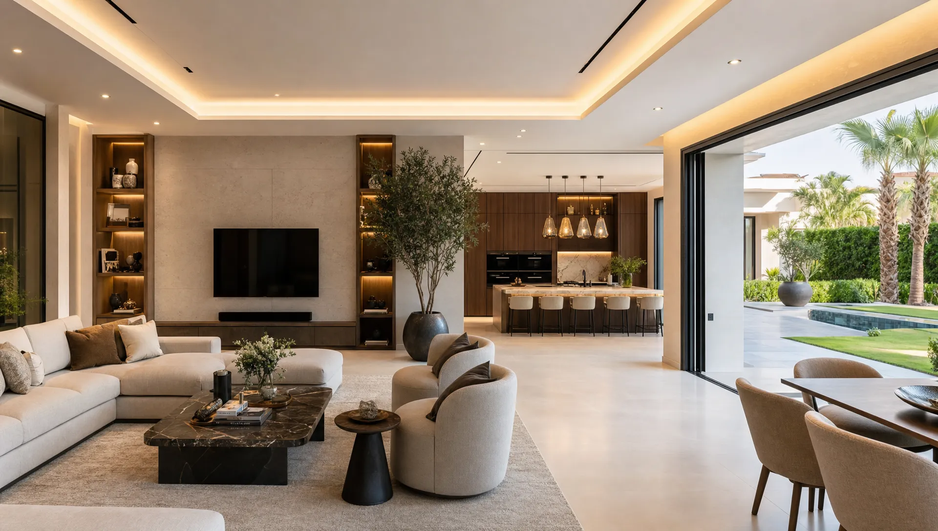 A renovated Dubai villa interior showing an open living area with new flooring, warm lighting, modern wall finishes, custom cabinetry, and a connected view toward a landscaped outdoor space.