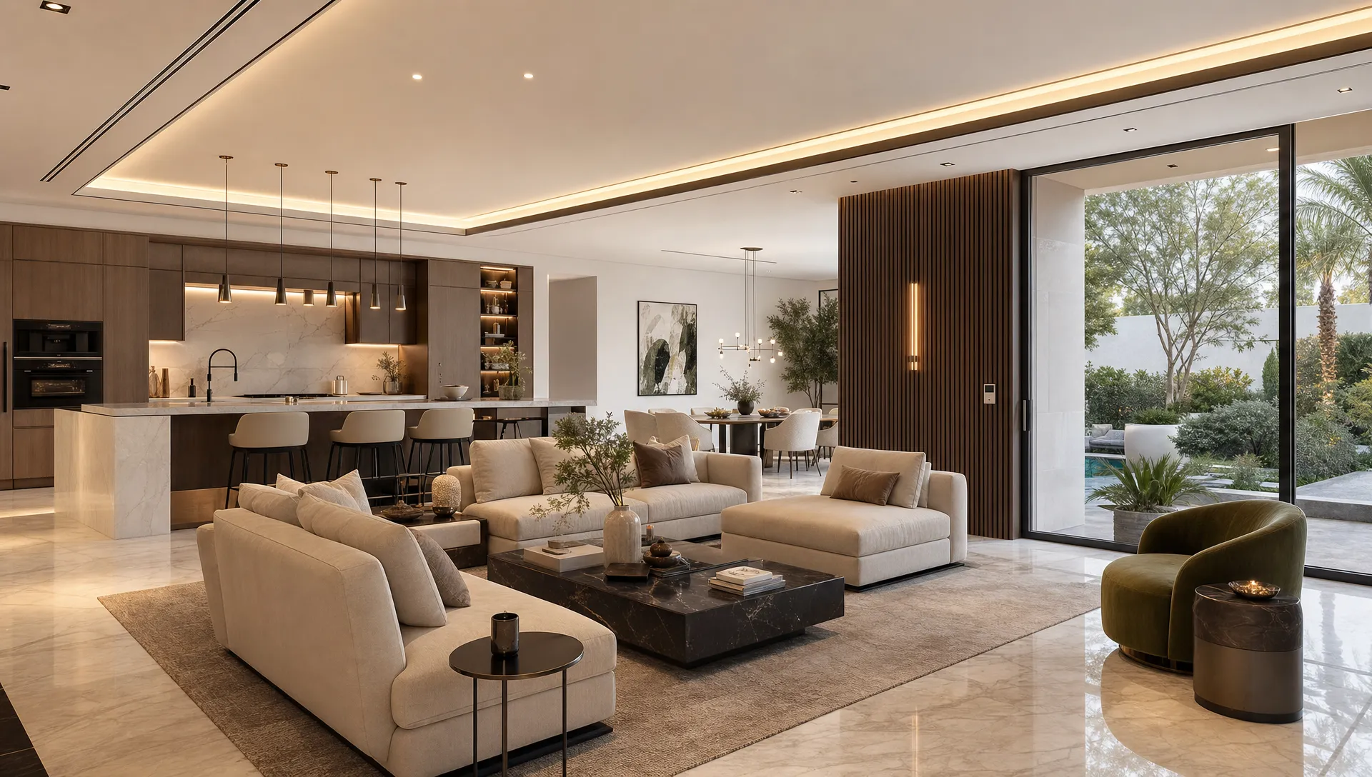 A renovated Dubai villa interior with an open living area, modern kitchen, warm lighting, marble-look flooring, custom wall panels, and large windows facing a landscaped outdoor space.