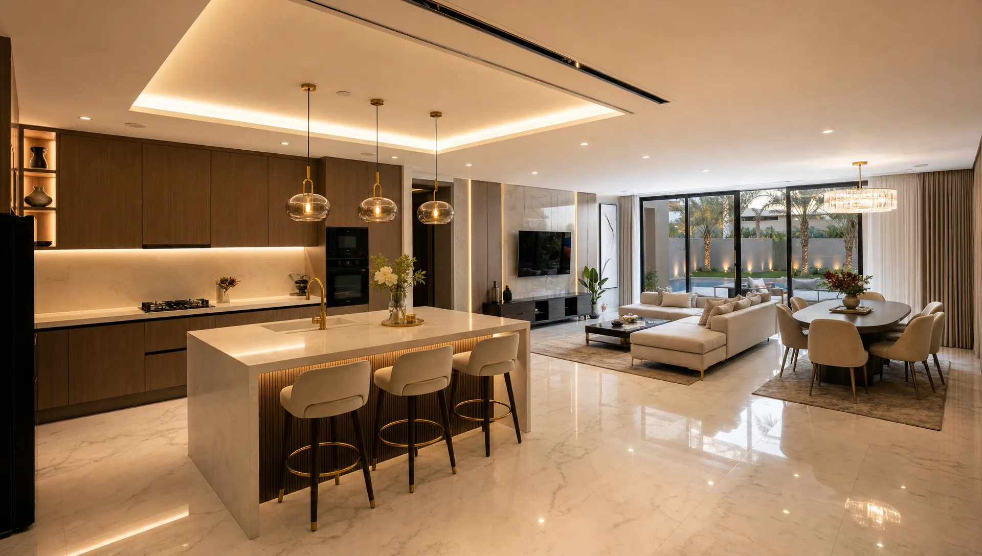 A renovated Dubai villa interior with an open living area, modern kitchen, marble-look flooring, warm lighting, custom wall panels, and large windows looking toward a landscaped outdoor space.