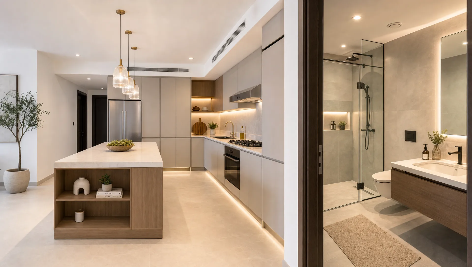 A renovated UAE home interior showing a bright open kitchen with a clear walkway around an island, organized storage, and warm task lighting, with a nearby modern bathroom featuring a glass shower, floating vanity, and dry-wet zoning.