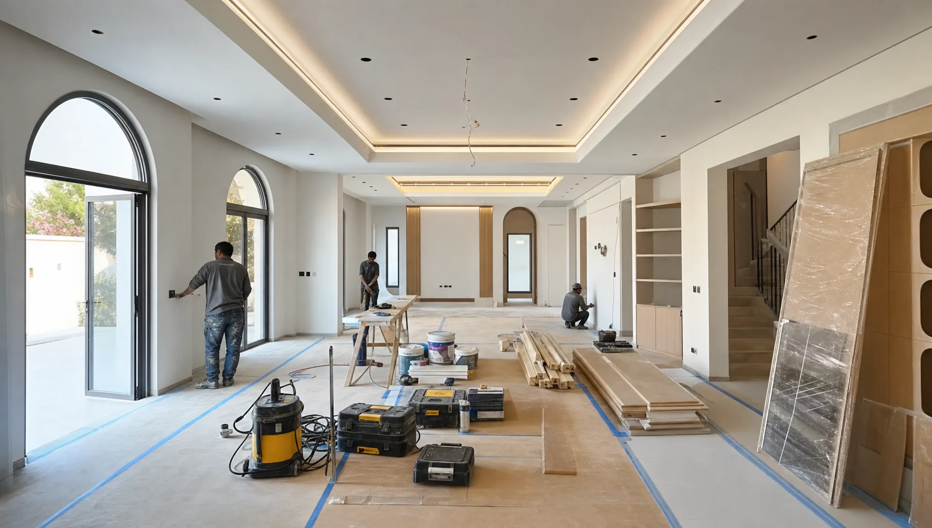 A renovated UAE villa interior in progress, showing protected flooring, organized tools, neatly stacked materials, and workers preparing a modern living area for finishing work.