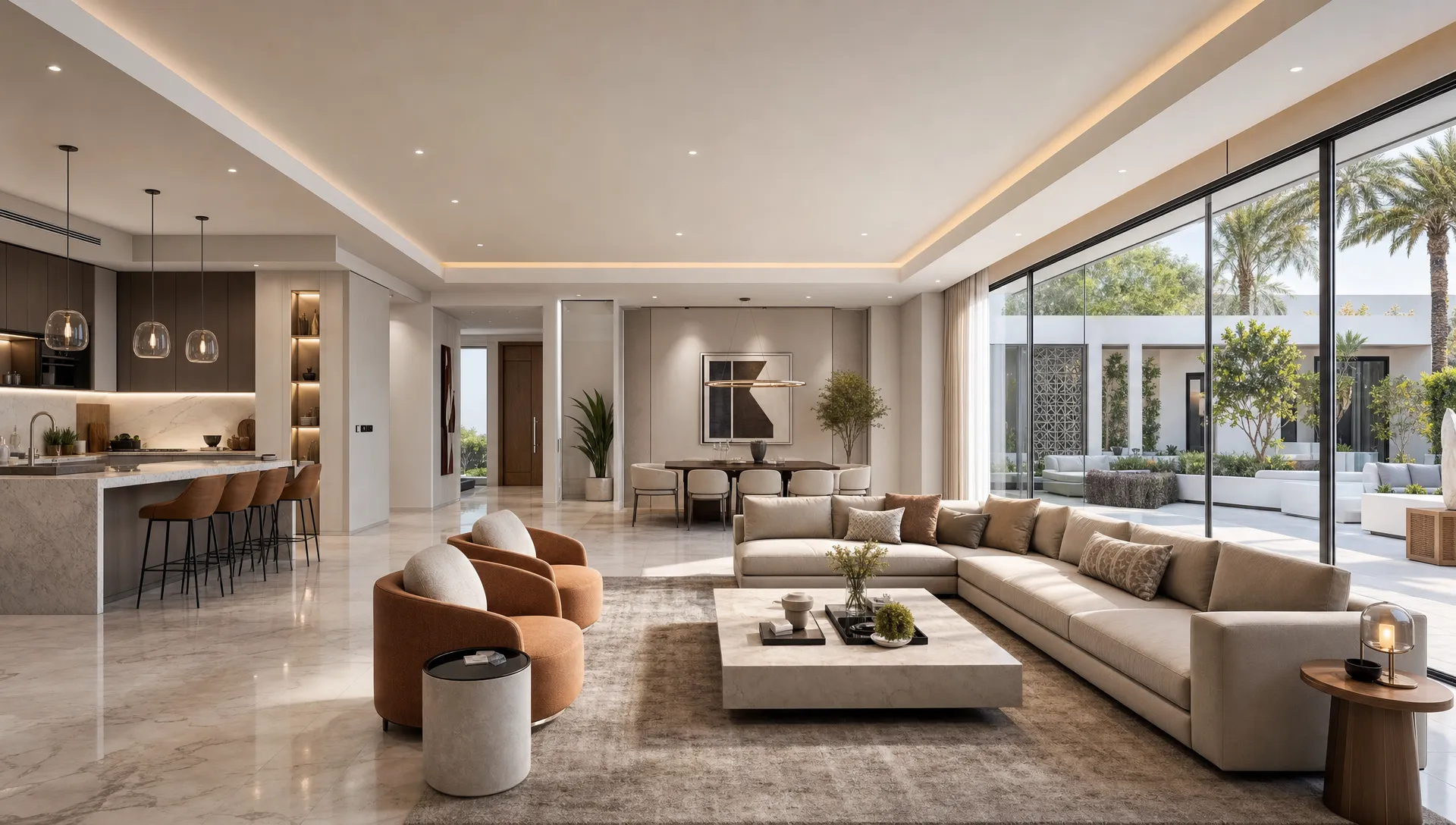 A renovated UAE villa interior with an open living area, modern kitchen, layered lighting, marble flooring, and large windows facing a landscaped courtyard.