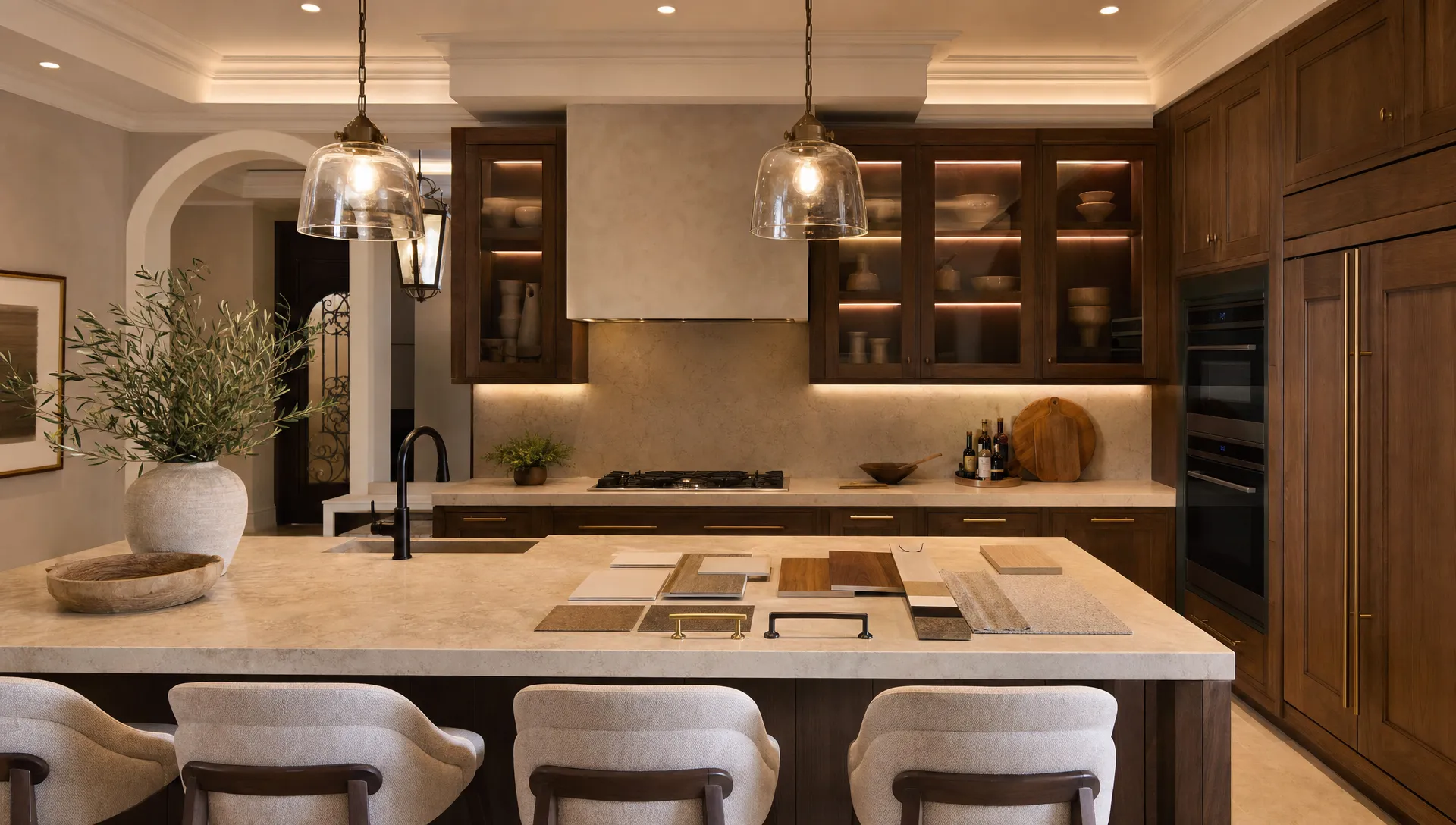 A renovated UAE villa kitchen with warm wood cabinetry, a stone countertop island, layered pendant and under-cabinet lighting, and neatly arranged material samples on the counter.