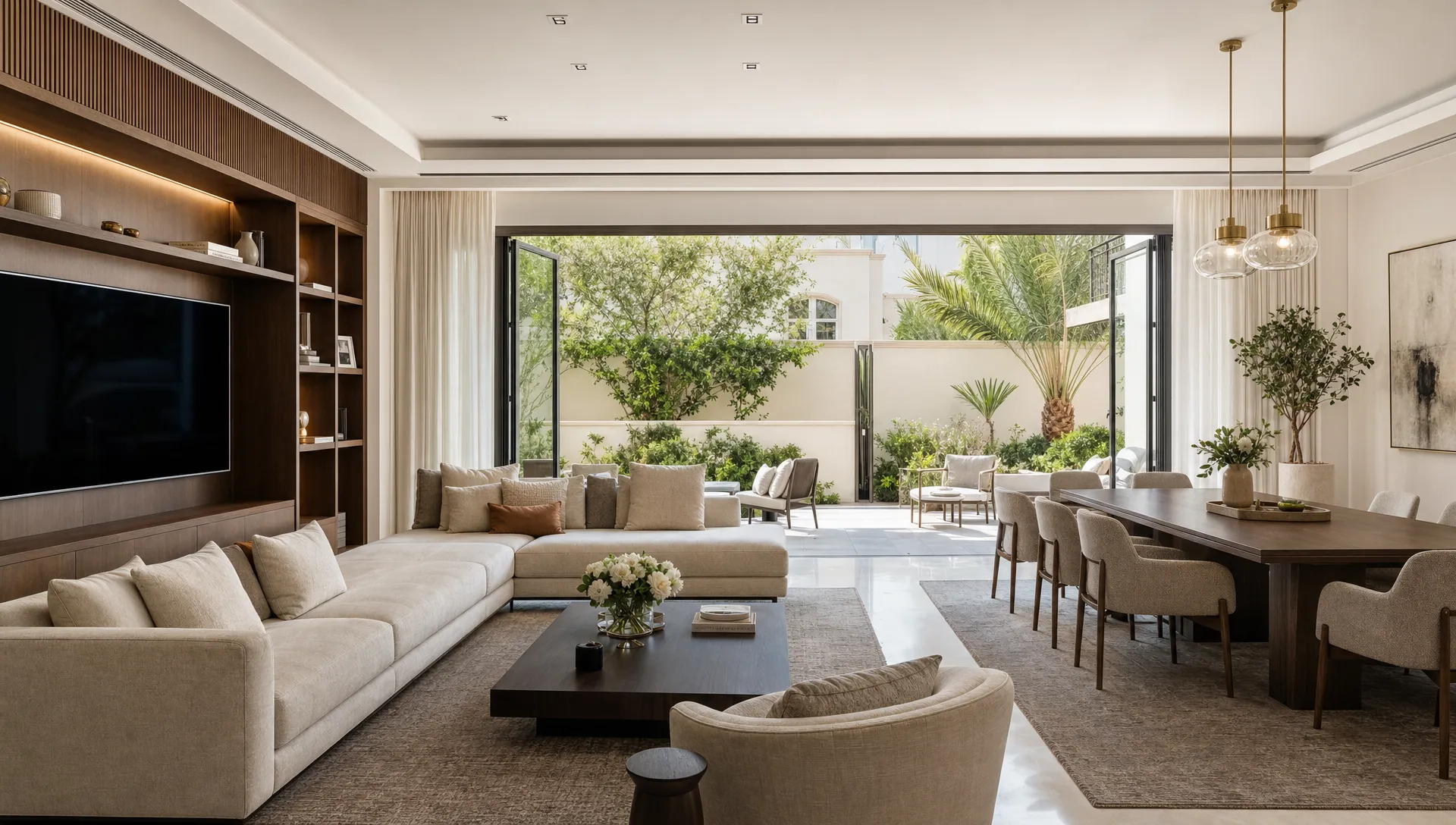 A renovated UAE villa living and dining area with built-in storage, refined finishes, clear circulation, and a view to a landscaped terrace through large opening doors.