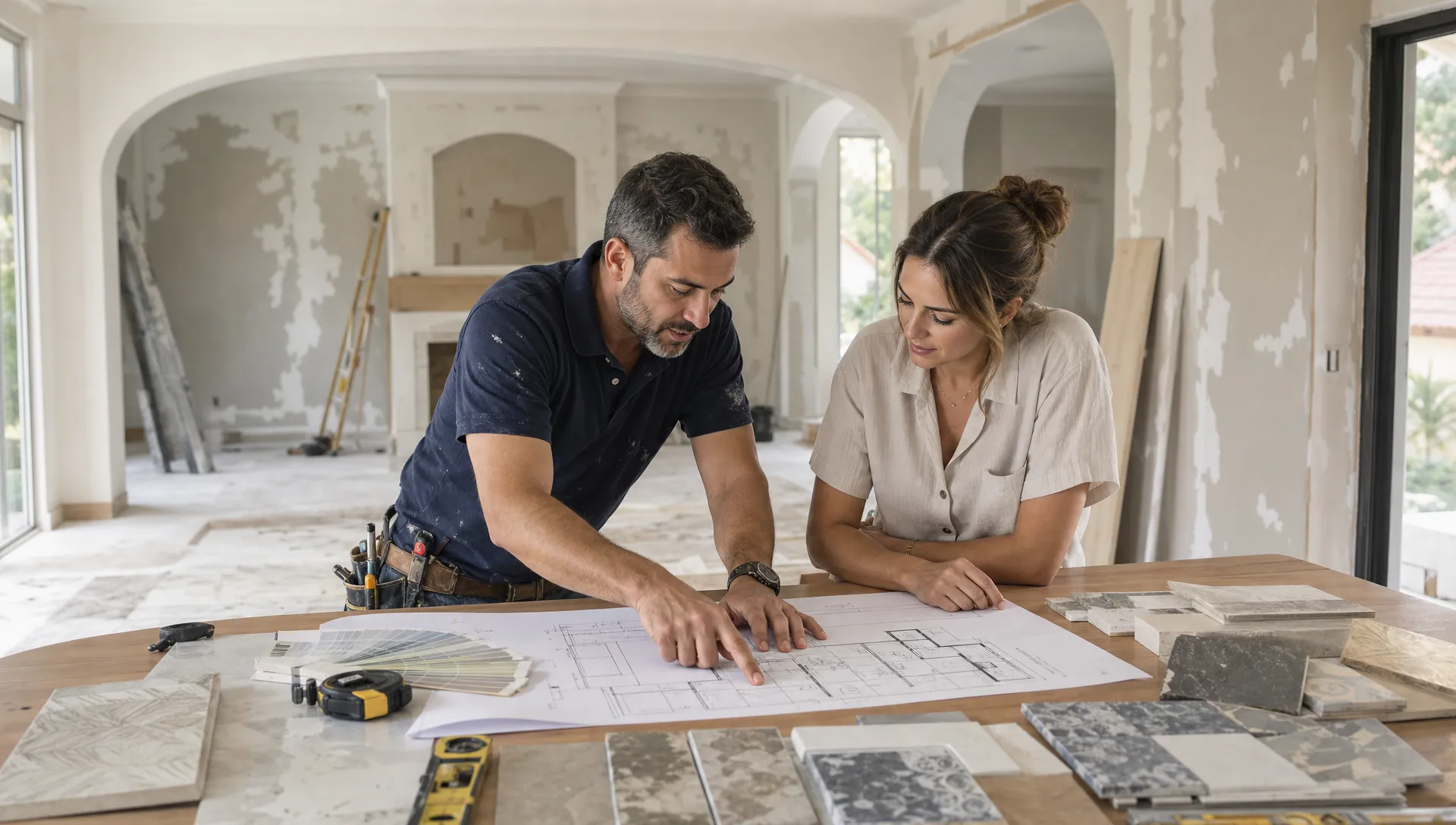 A residential renovation contractor and homeowner reviewing printed floor plans on a dining table inside a bright villa living room under renovation, with paint samples, tile pieces, measuring tools, and unfinished walls visible around them.