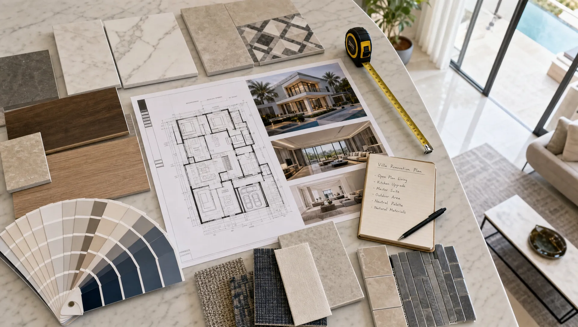 A UAE villa renovation planning scene seen from overhead, with floor plans, material samples, tile pieces, paint swatches, and a measuring tape arranged across a table next to a bright modern interior.