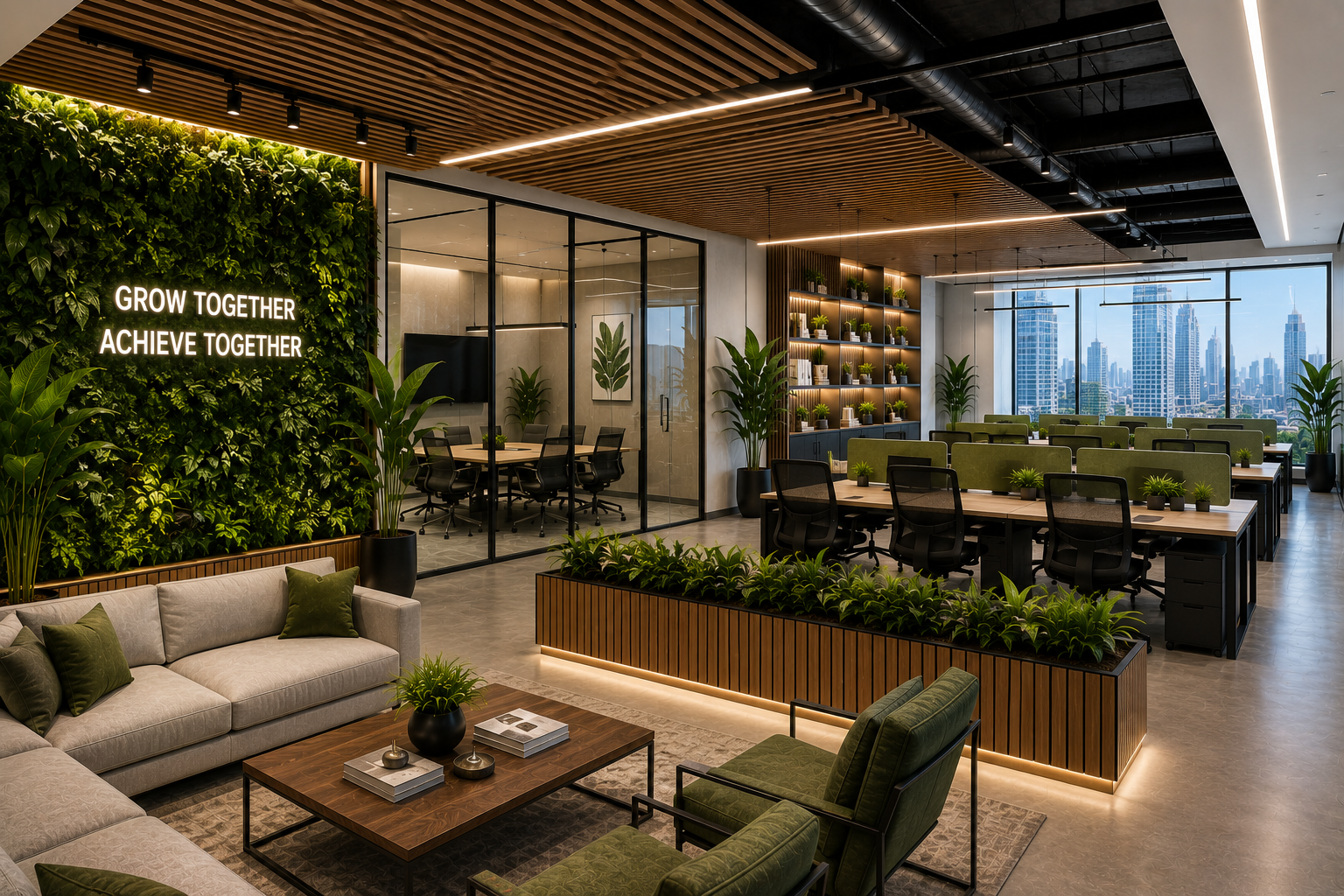 After office renovation in Dubai showing a completed modern workspace with glass meeting rooms, open workstations, lounge seating, ceiling lighting, and premium office fit-out