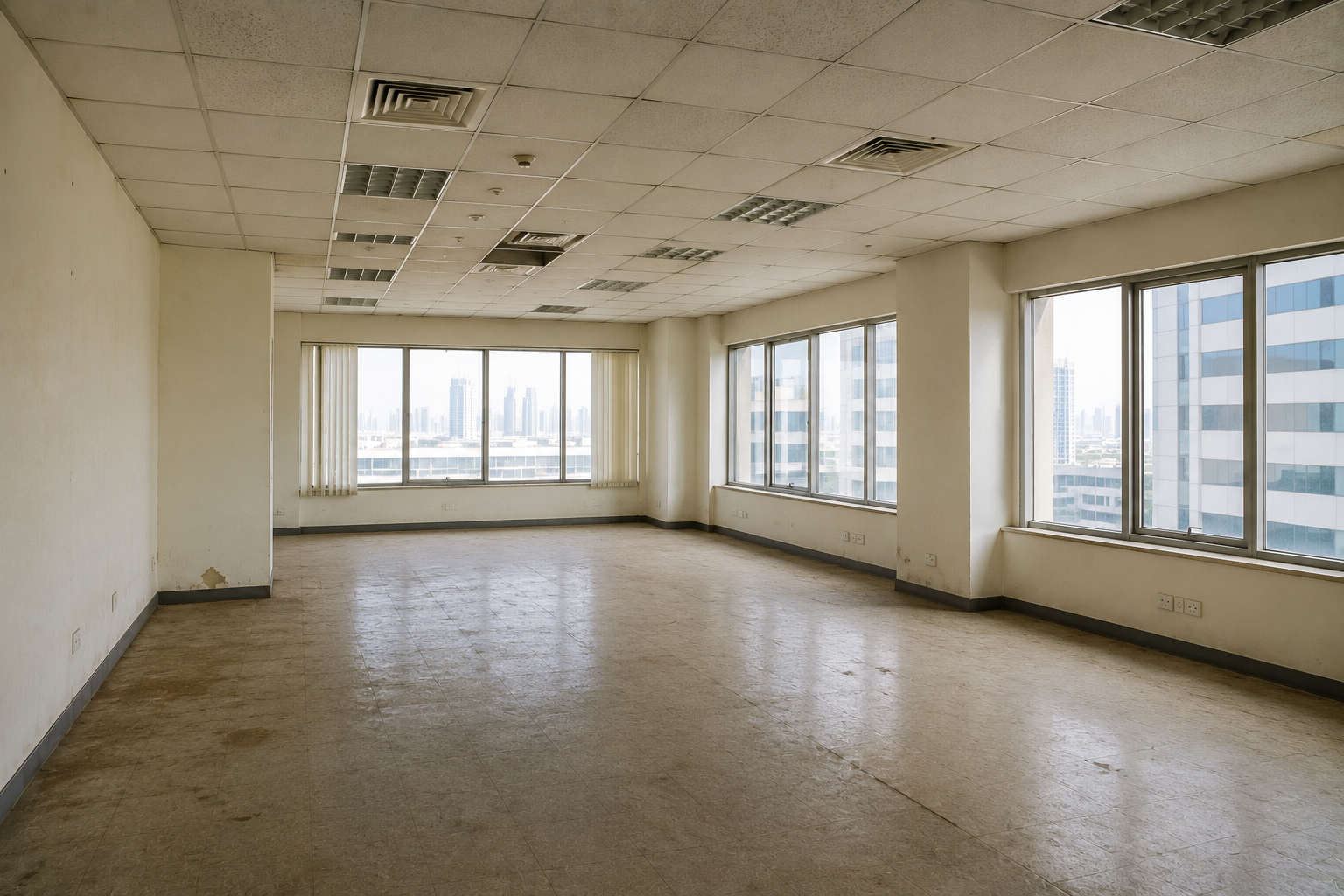 Before office renovation in Dubai showing an outdated empty commercial space with old ceiling tiles, basic flooring, plain walls, and large windows