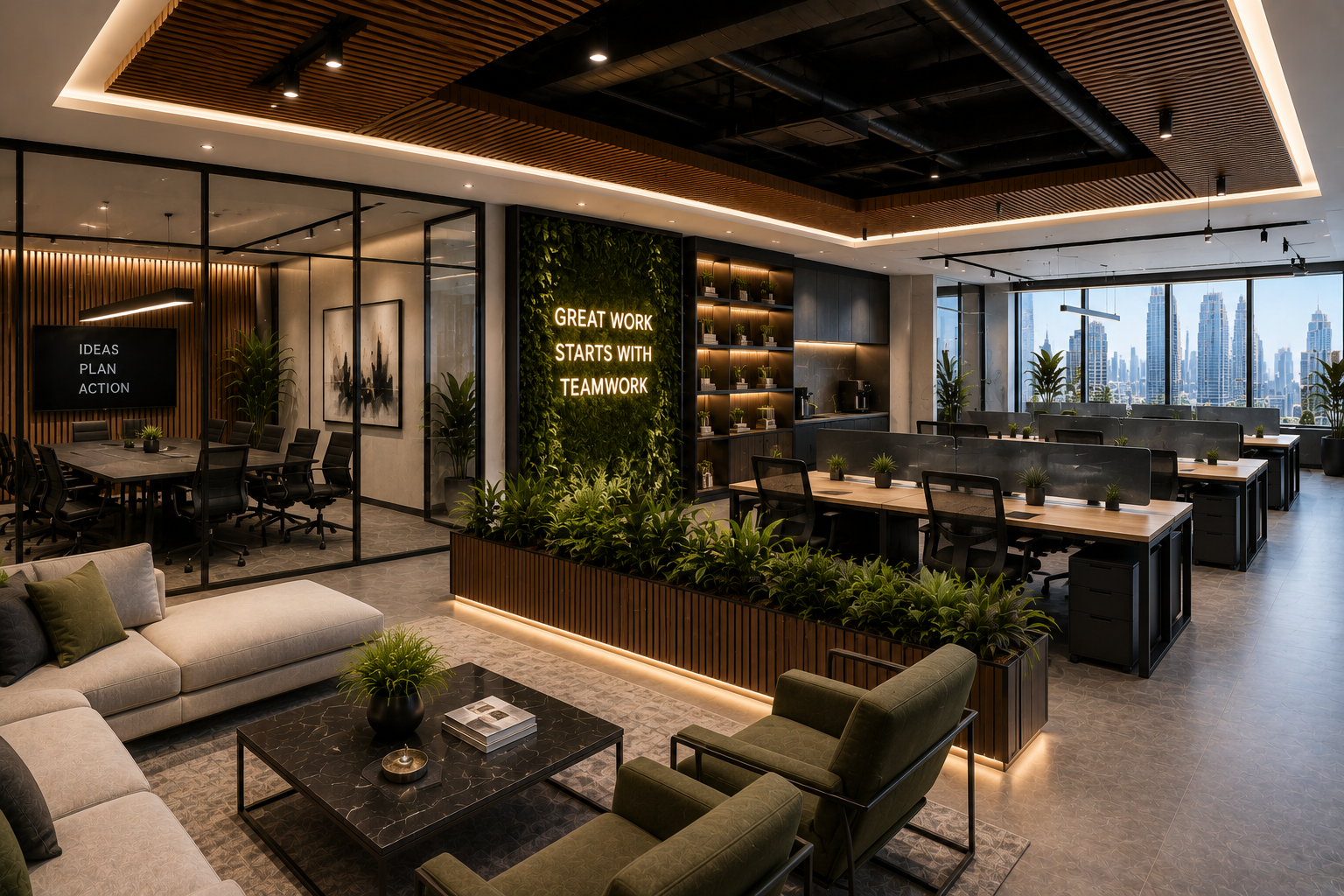 Biophilic office renovation in Dubai with green workspace design, open workstations, lounge seating, indoor plants, glass meeting room, and modern lighting