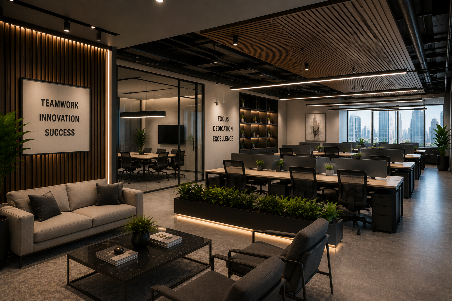 Collaborative office renovation in Dubai with open workstations, lounge seating, glass meeting room, greenery, ceiling design, and modern lighting
