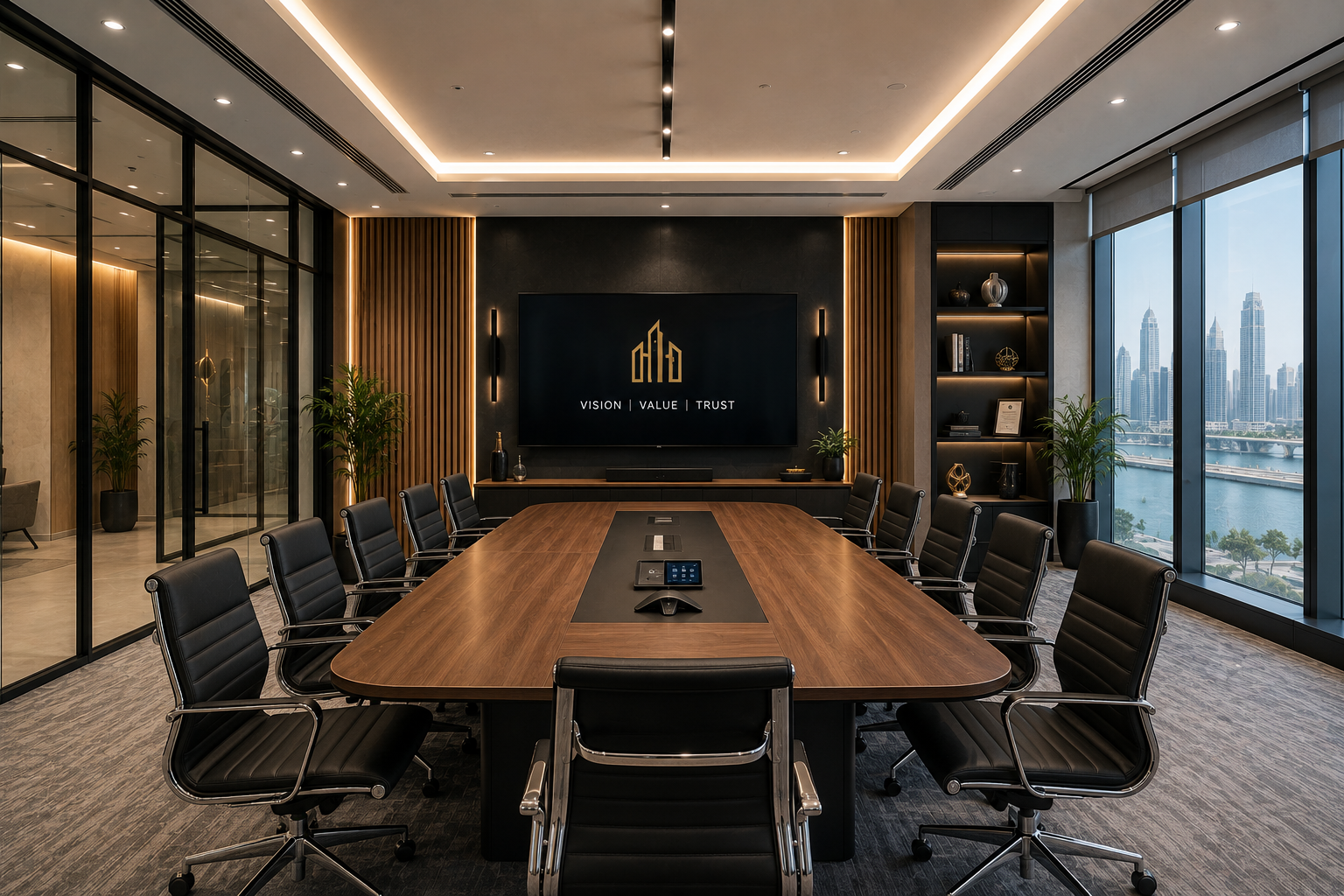 Corporate boardroom renovation Abu Dhabi with executive conference table, smart screen and glass partitions