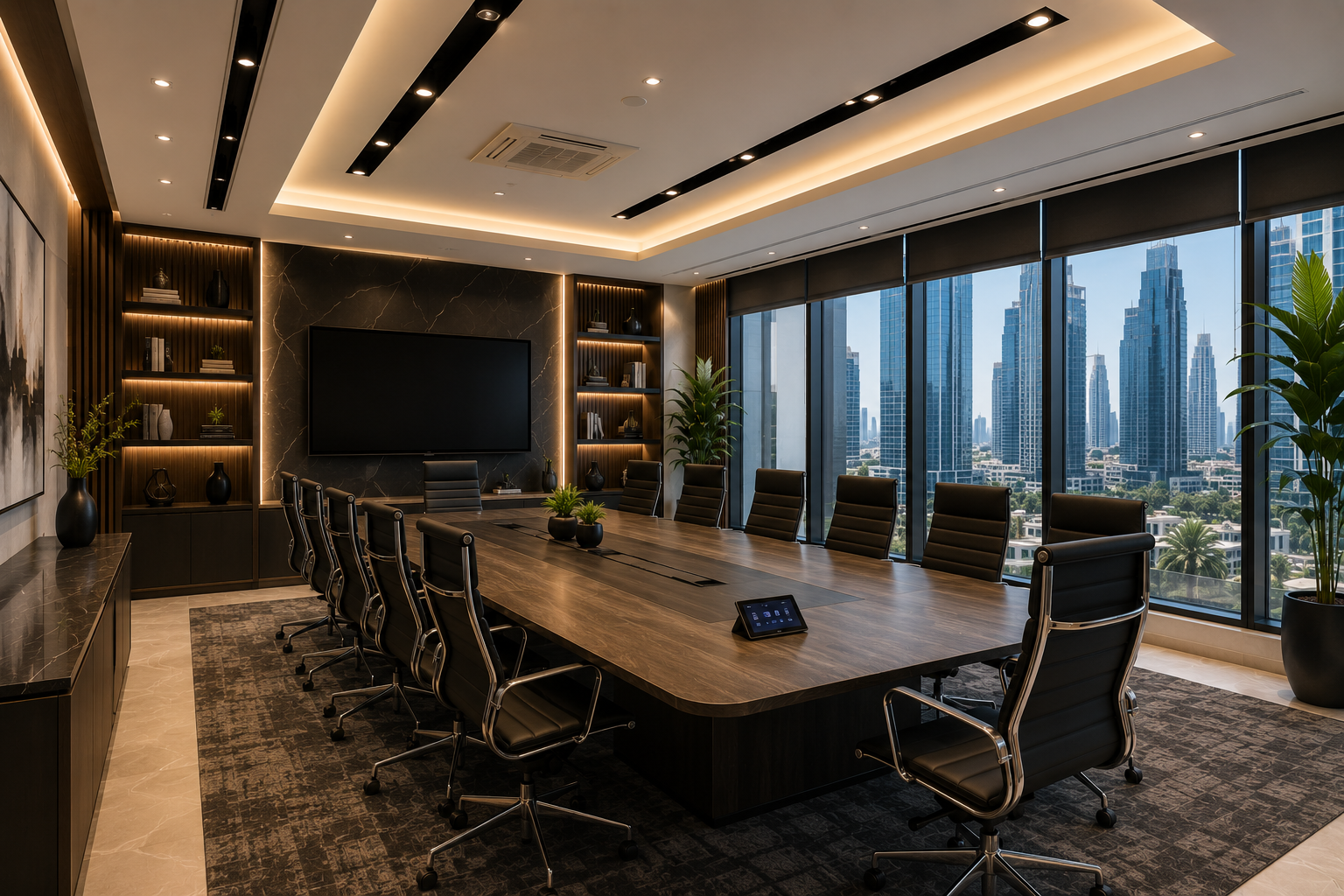 Corporate conference room renovation in Dubai with executive meeting table, presentation screen, ceiling lighting, AC system, city view, and premium office interior