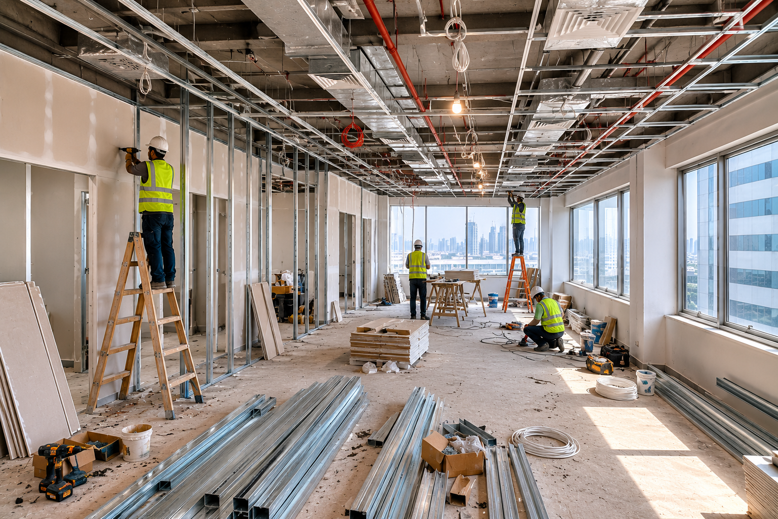 During office renovation in Dubai showing fit-out work in progress with metal framing, exposed ceiling, MEP works, construction materials, and workers on site