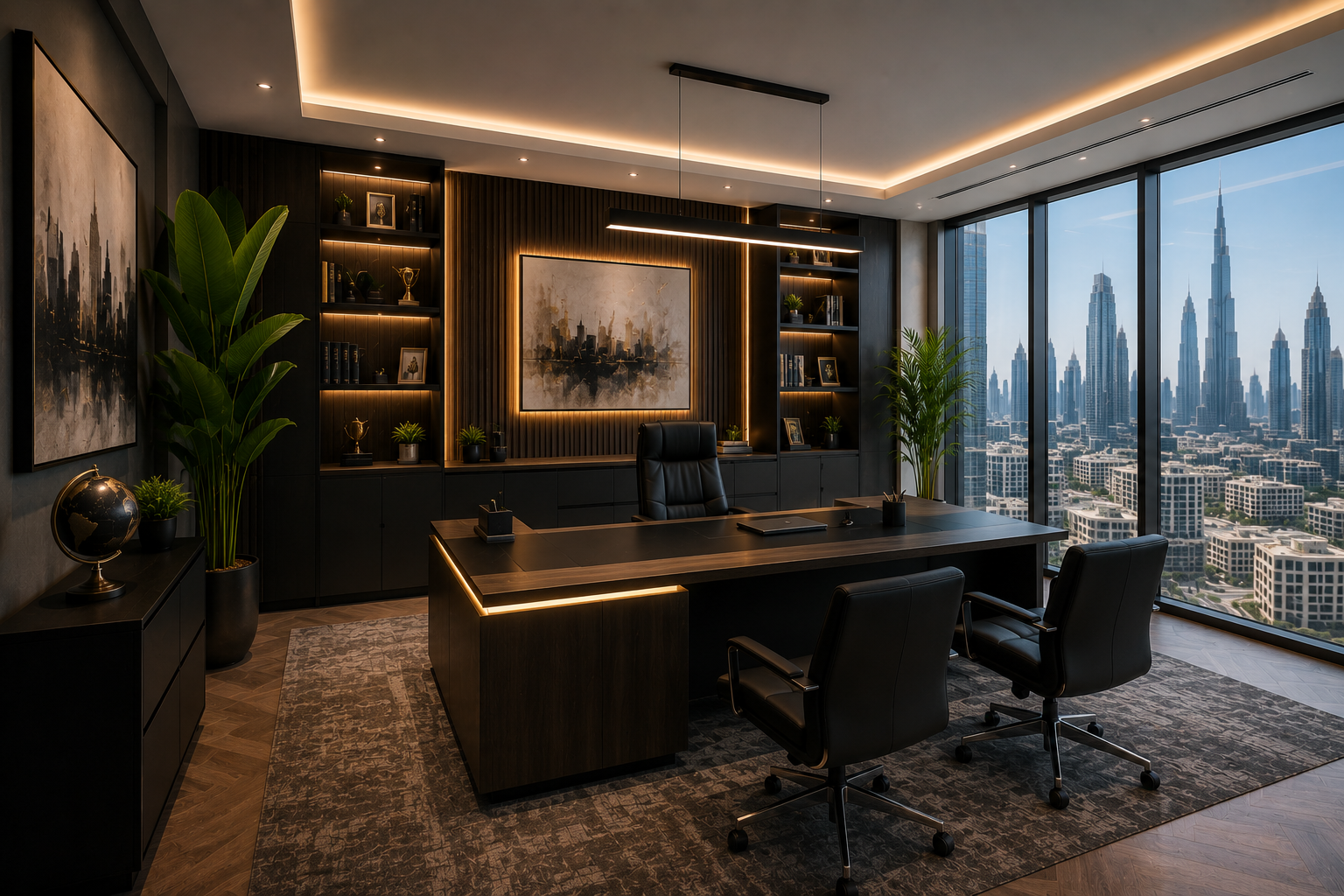 Executive office renovation in Dubai with luxury manager cabin, modern desk, wall paneling, LED lighting, and premium city view interior