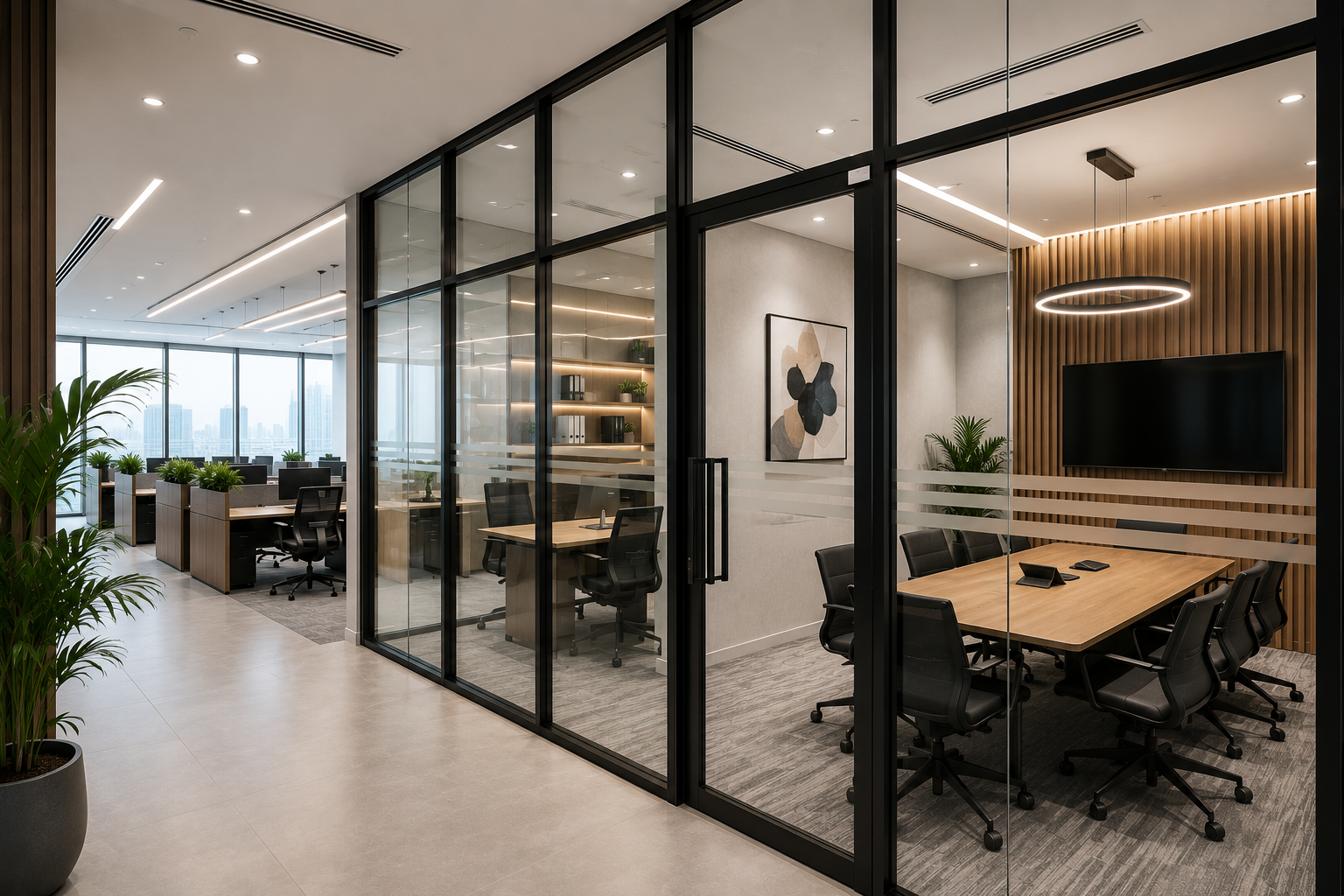 Glass office partitions Abu Dhabi with modern meeting room and open-plan workstations