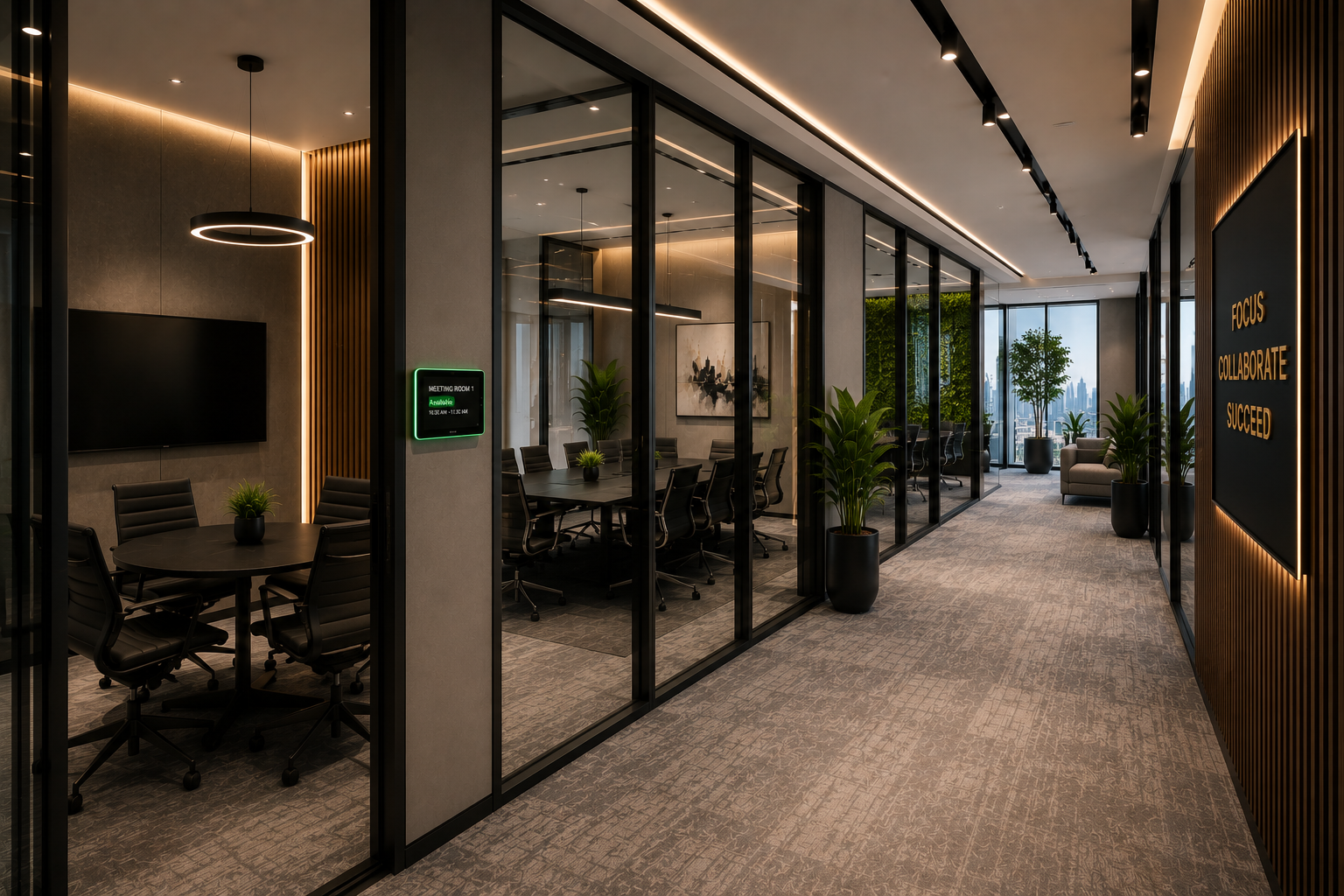 Glass partition office renovation in Dubai with meeting rooms, black aluminum frames, corridor design, carpet flooring, and modern LED lighting