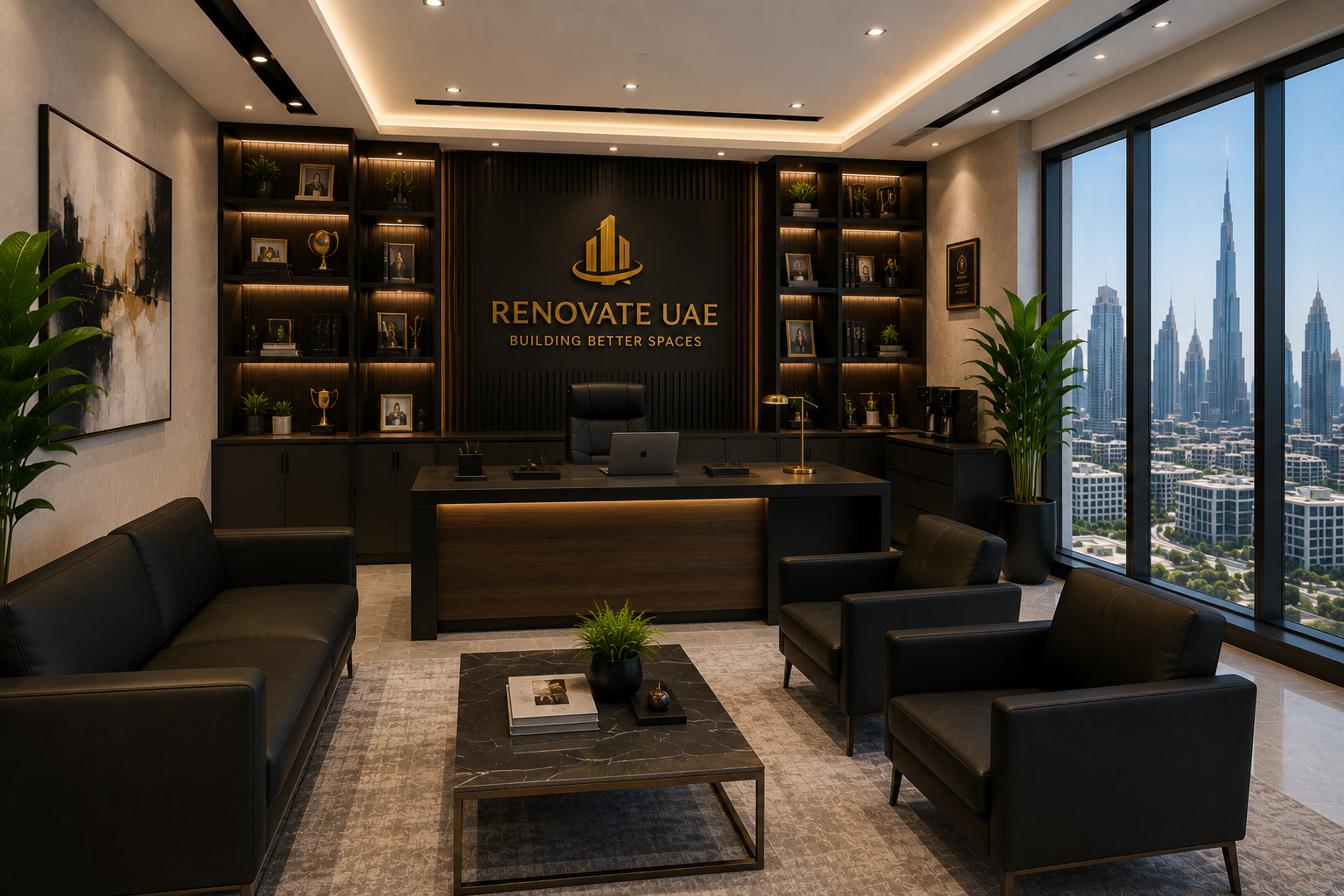 Luxury executive office renovation in Dubai with CEO cabin, premium desk, custom wall shelving, leather seating, LED lighting, and city view