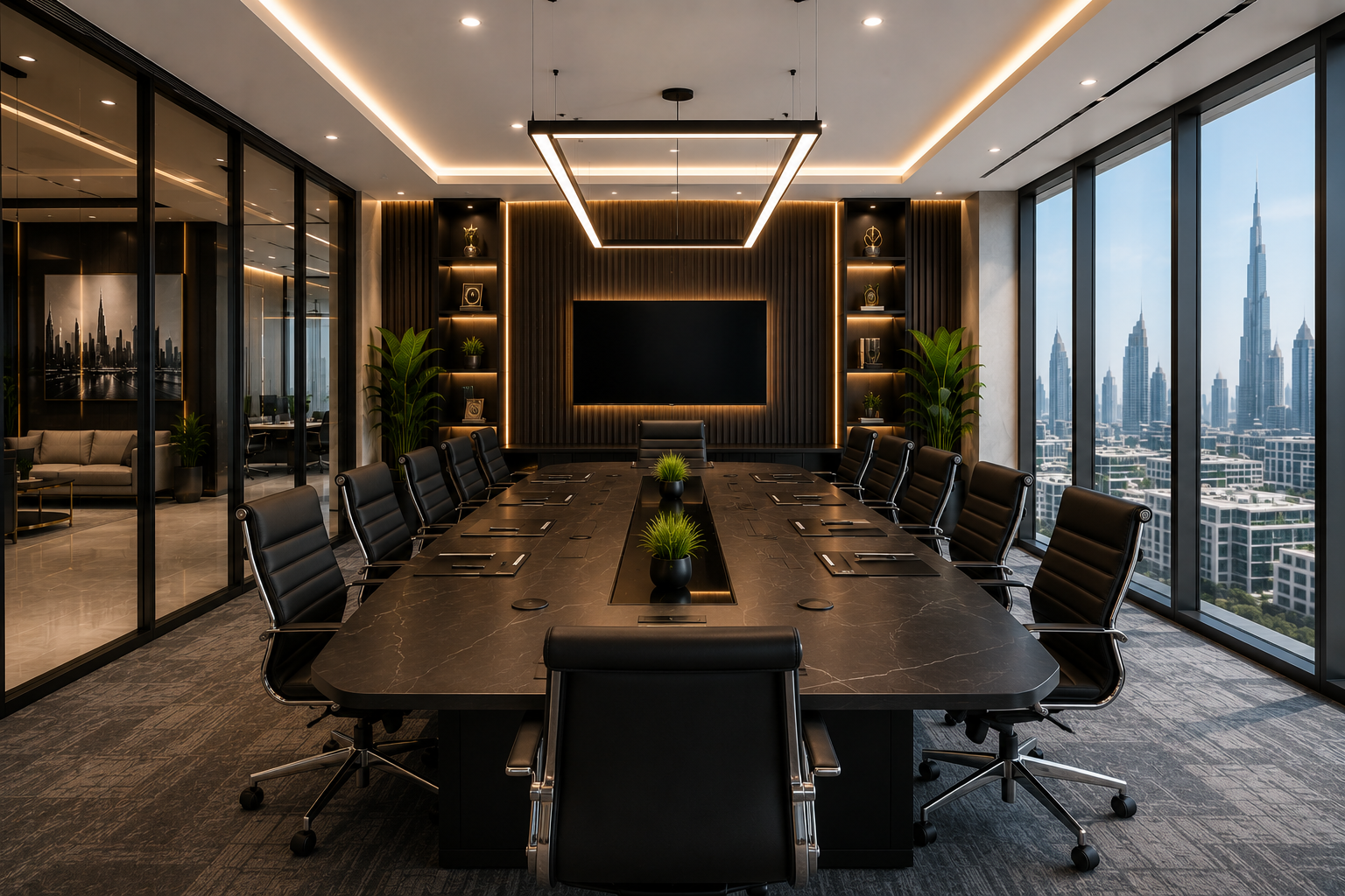 Luxury office boardroom renovation in Dubai with executive conference table, glass partitions, LED lighting, and modern meeting room design