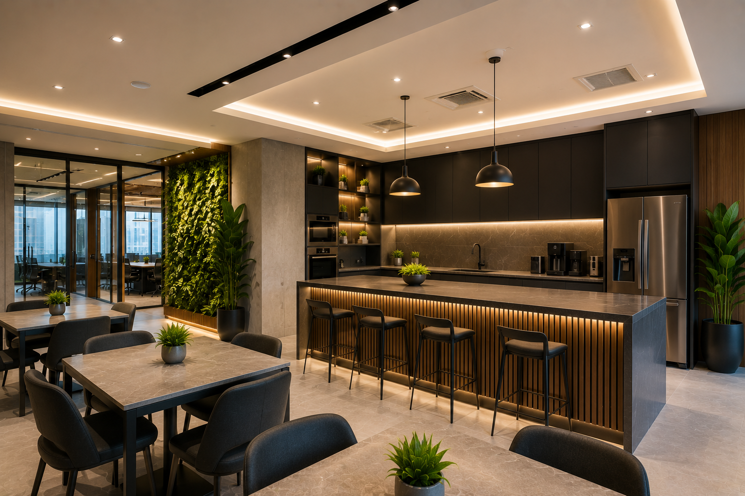 Modern office pantry renovation in Dubai with corporate kitchen, island counter, dining tables, black cabinets, LED lighting, and green wall feature