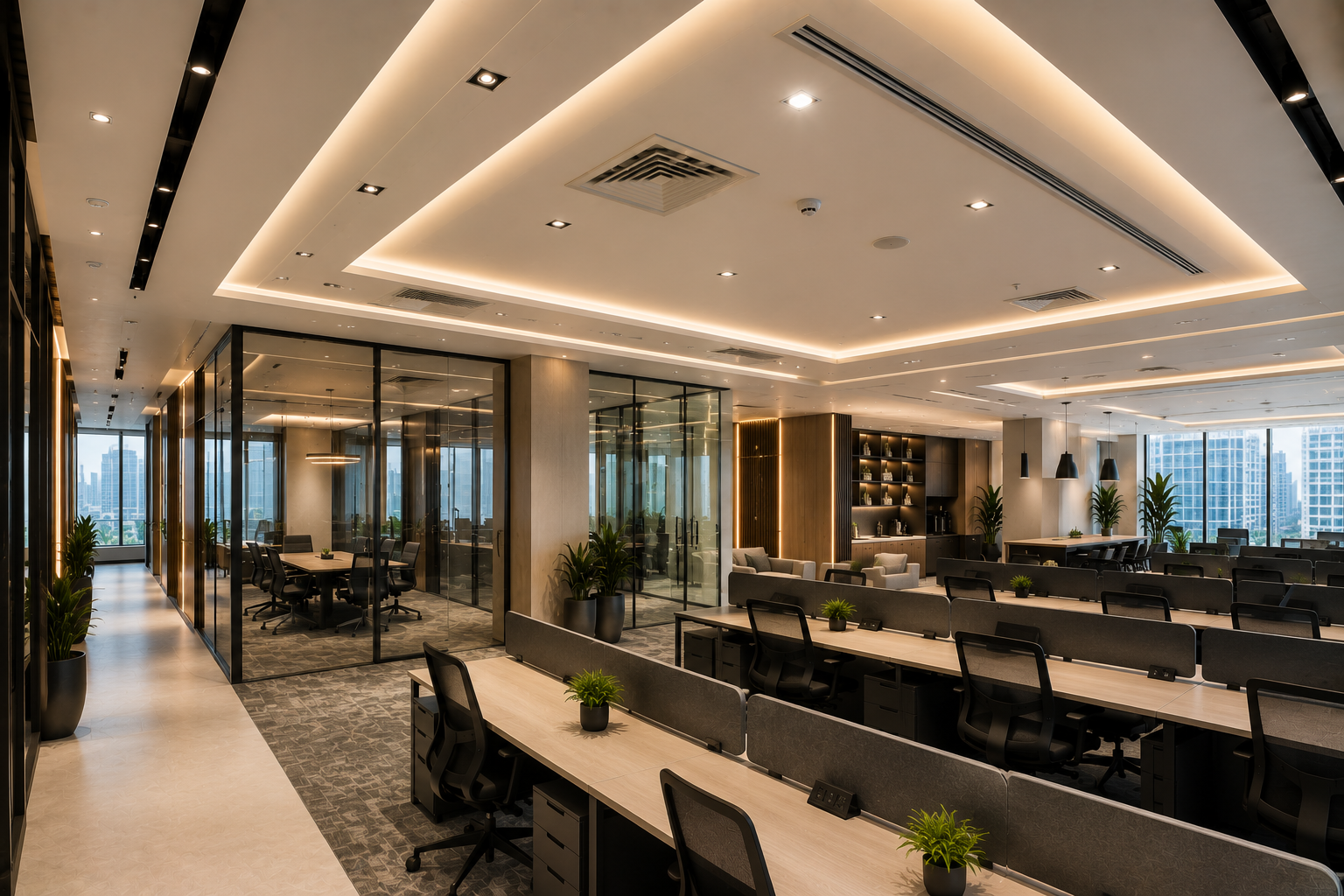 Office ceiling and lighting renovation in Dubai with gypsum ceiling, LED cove lighting, AC diffusers, glass meeting rooms, and modern workspace design