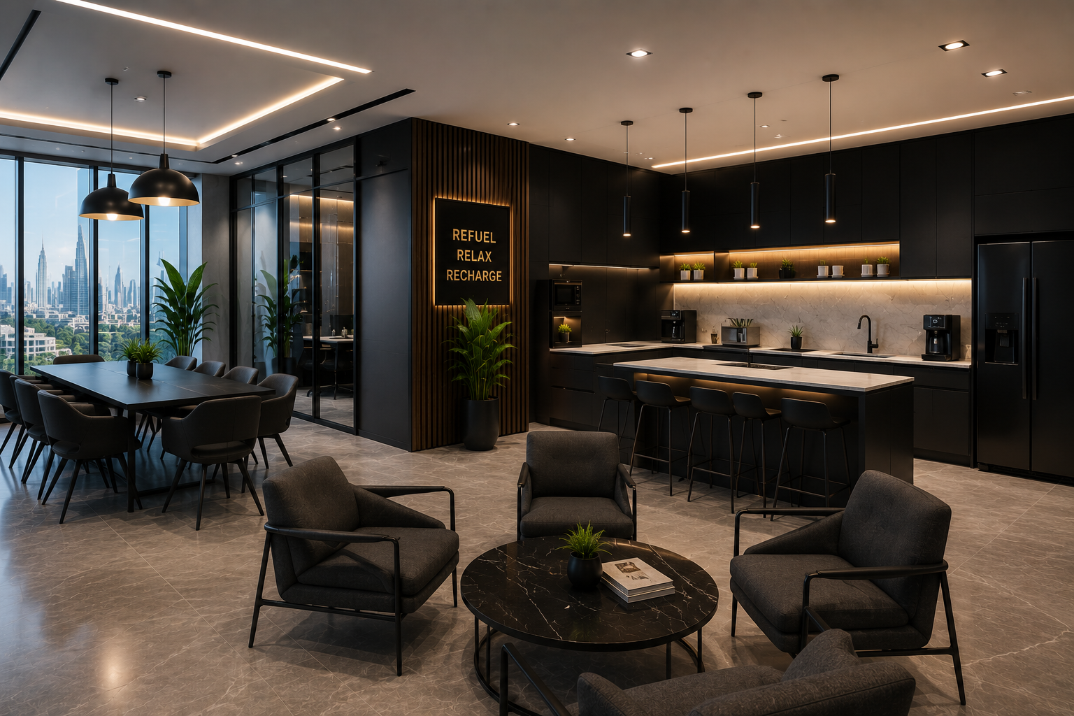 Modern office pantry renovation in Dubai with breakout seating, black cabinets, marble countertop, LED lighting, and luxury staff lounge design