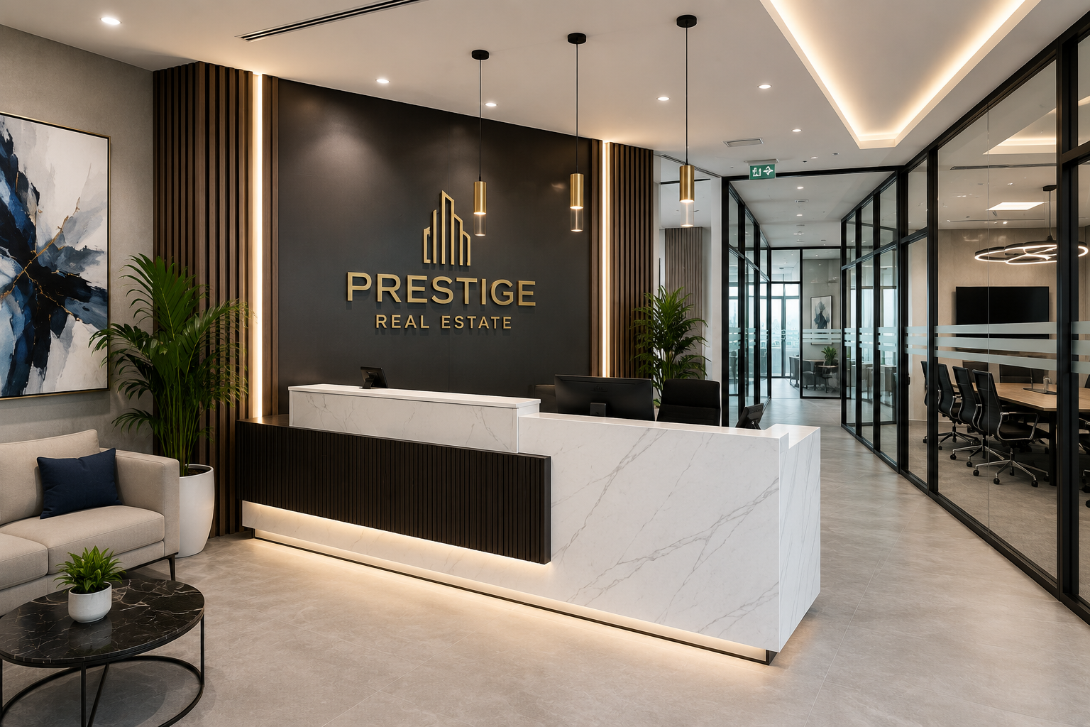 Luxury office reception renovation Abu Dhabi with marble desk, glass partitions and modern lighting