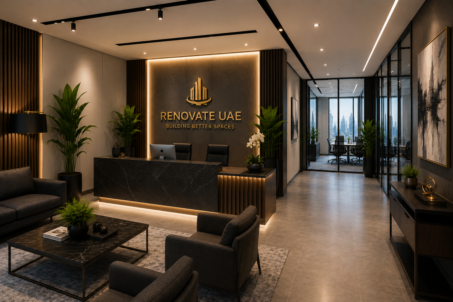 Office reception waiting area renovation in Dubai with luxury client lounge, marble reception desk, wall paneling, plants, and modern LED lighting
