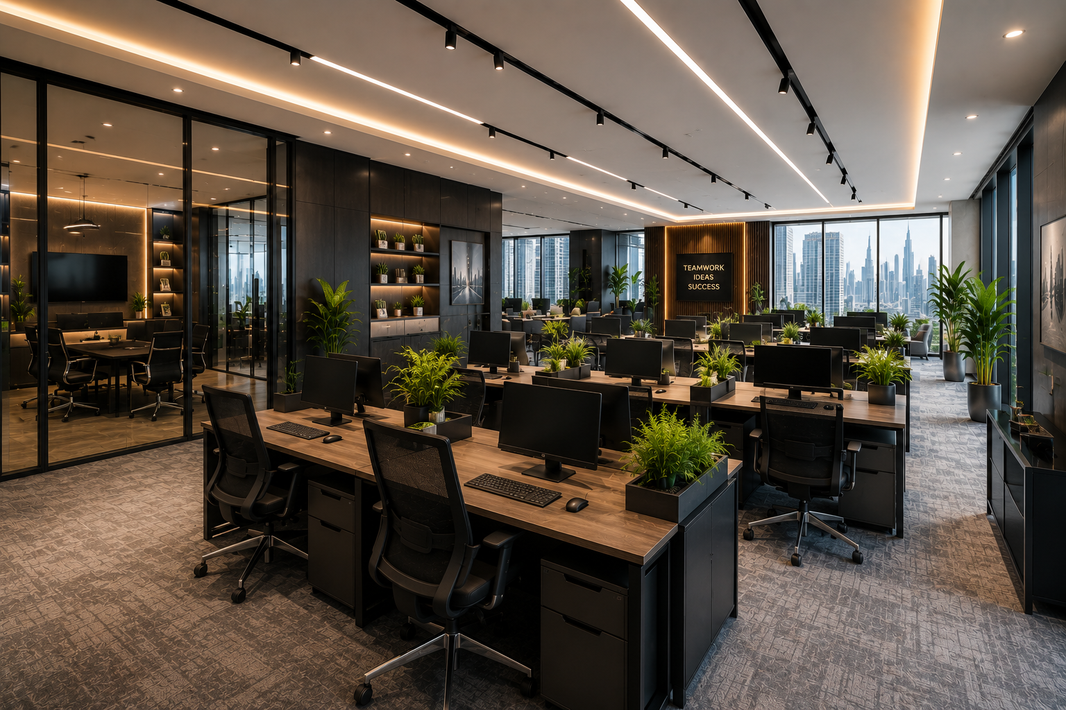 Open-plan office renovation in Dubai with modern workstations, ceiling lighting, glass meeting rooms, plants, and premium workspace fit-out design
