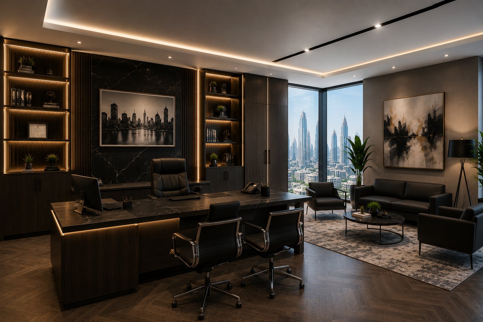 Premium manager office renovation in Dubai with private cabin design, custom wall shelving, marble desk, leather seating, LED lighting, and city view